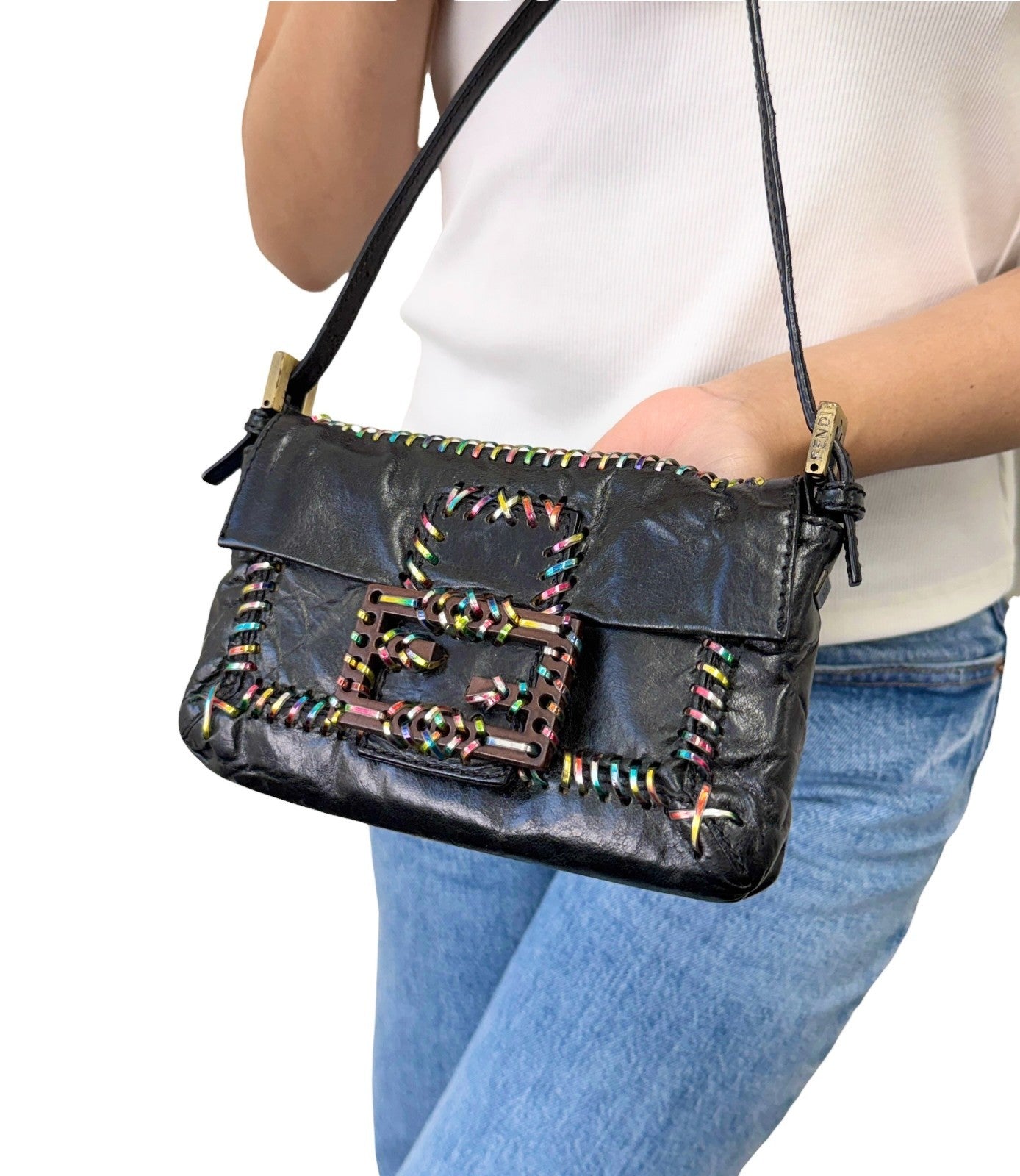 FENDI Vintage Mamma Baguette Multicolor Whipstitch Mini Bag Black 901874