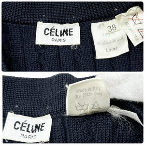 CELINE Vintage Macadam Logo Button Vest #38 Top Dark Blue Gold Wool Rank AB