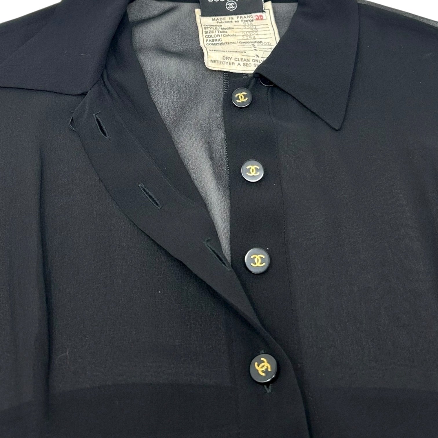 CHANEL Vintage 94A CC Logo See-through One-piece #38 Black Gold Wool Button
