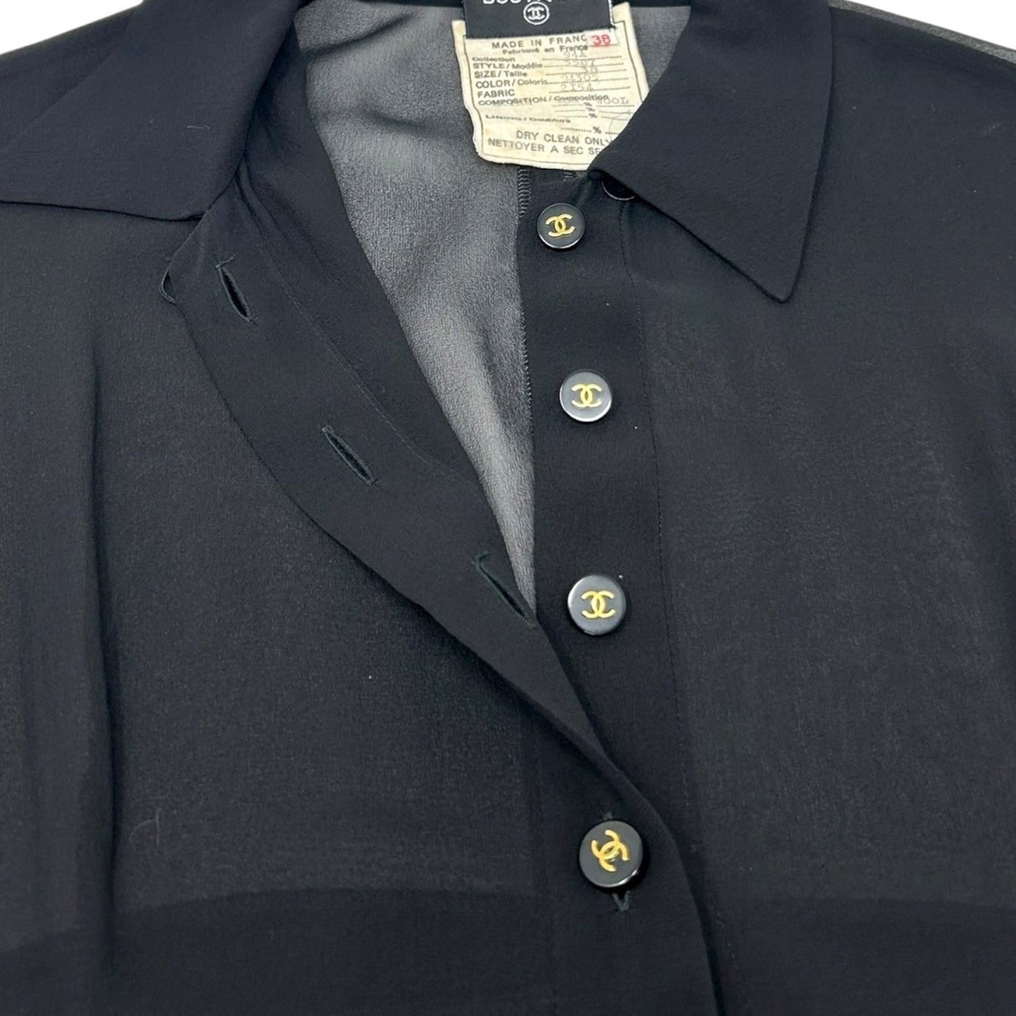 CHANEL Vintage 94A CC Logo See-through One-piece #38 Black Gold Wool Button