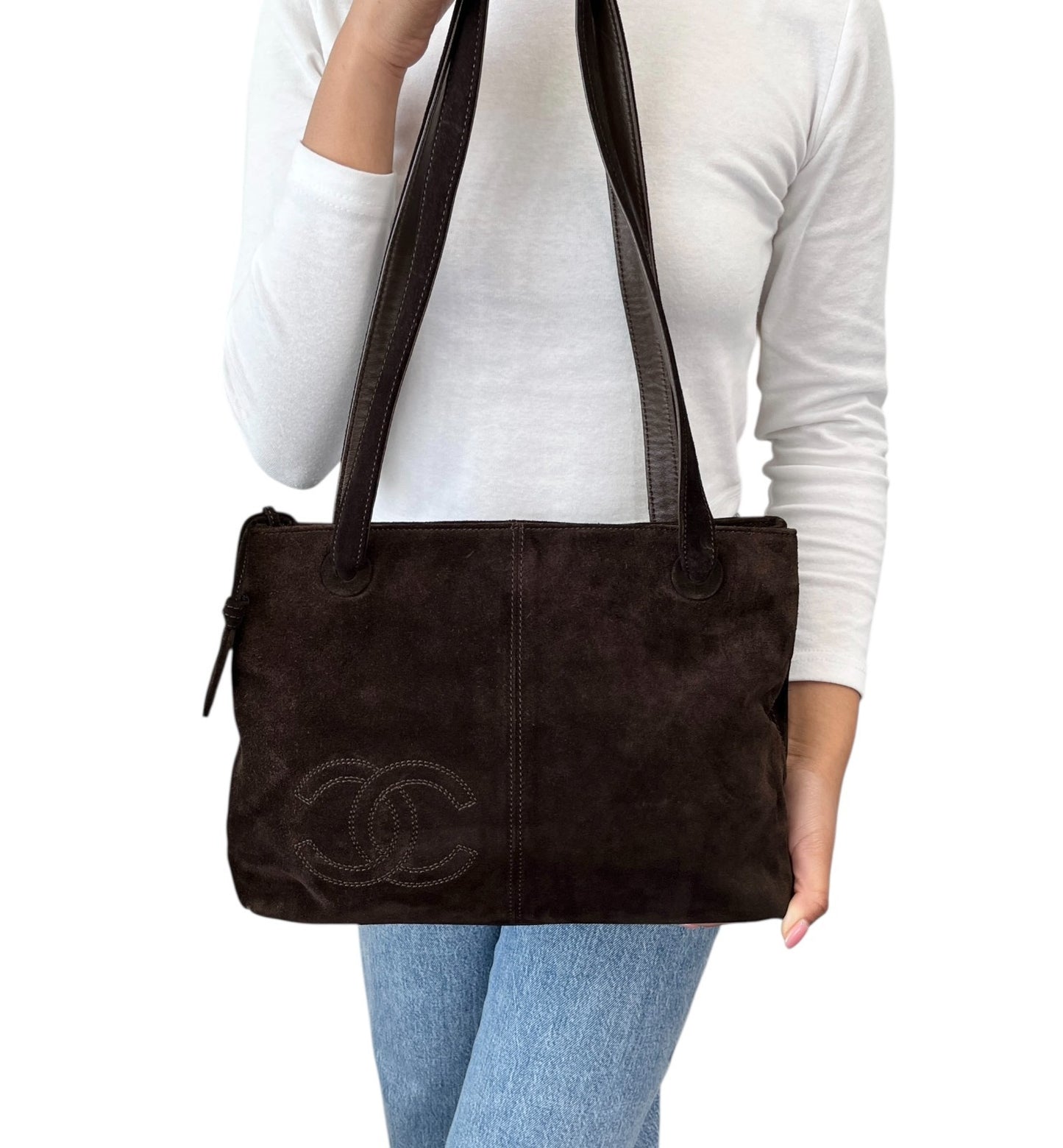 CHANEL Vintage Embroidered CC Logo Suede Tote Shoulder Bag Dark Brown Stitch