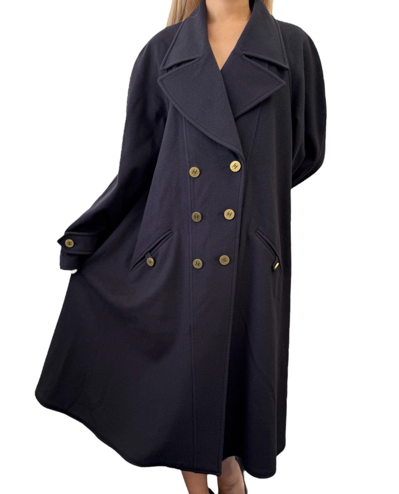 CHANEL Vintage 95A CC Mark Logo Long Coat Jacket #38 Cashmere Dark Blue Gold