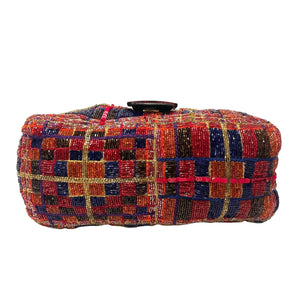 FENDI Vintage FF Logo Beads Mamma Baguette Shoulder Bag Plaid Red Blue Leather