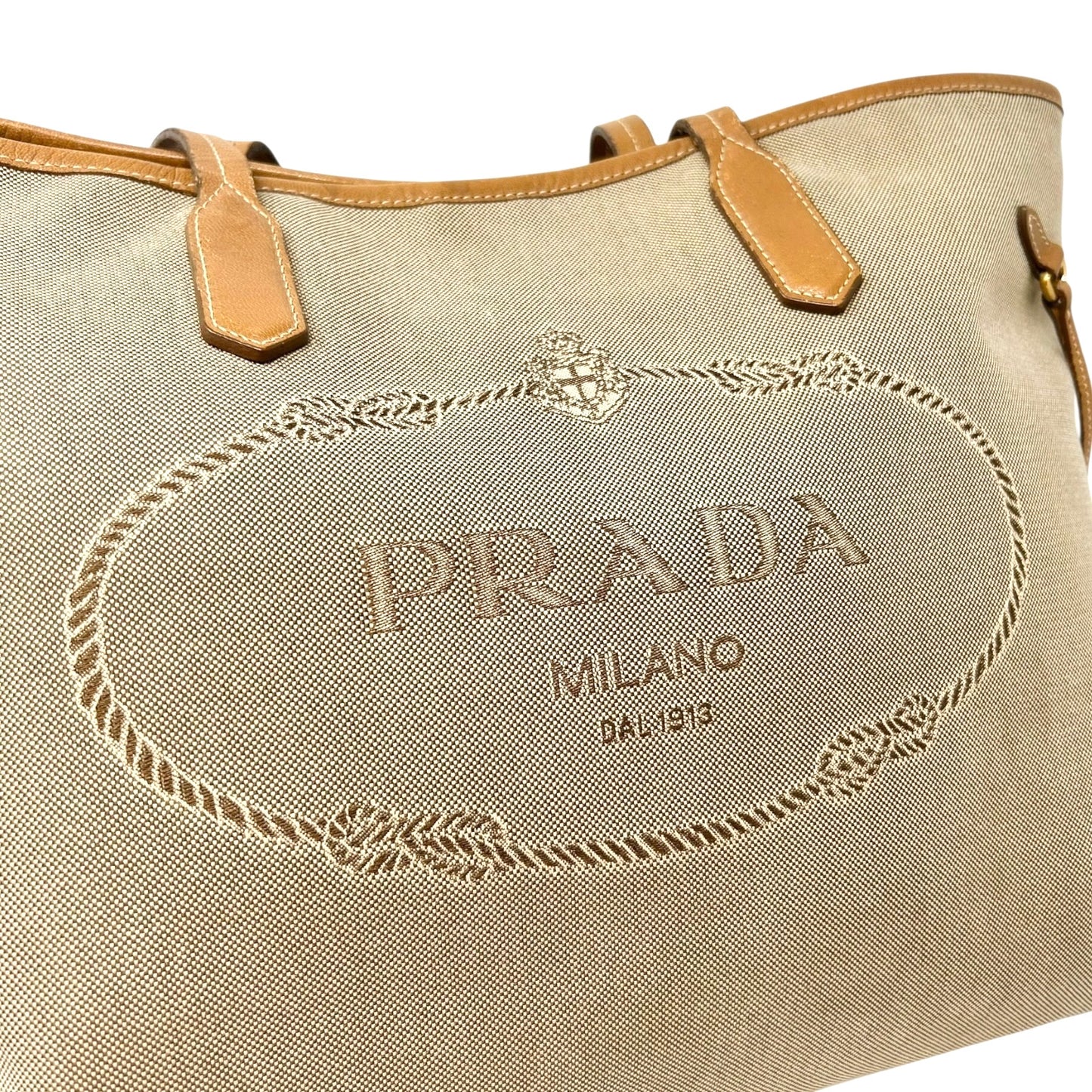 PRADA Vintage Logo Jacquard Shoulder Tote Bag Beige Brown Canvas Leather