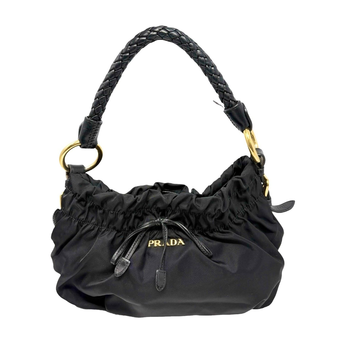 PRADA Vintage Logo Tessuto Nylon Shoulder Bag Black Gold Ribbon Leather