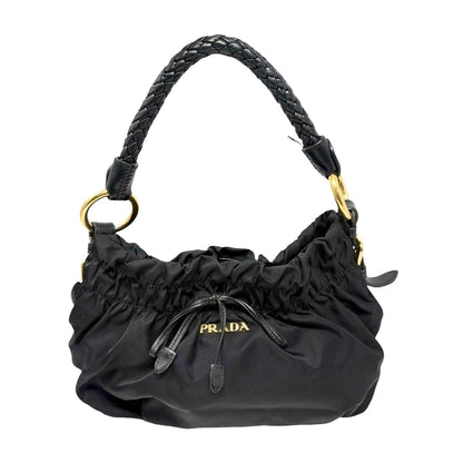 PRADA Vintage Logo Tessuto Nylon Shoulder Bag Black Gold Ribbon Leather