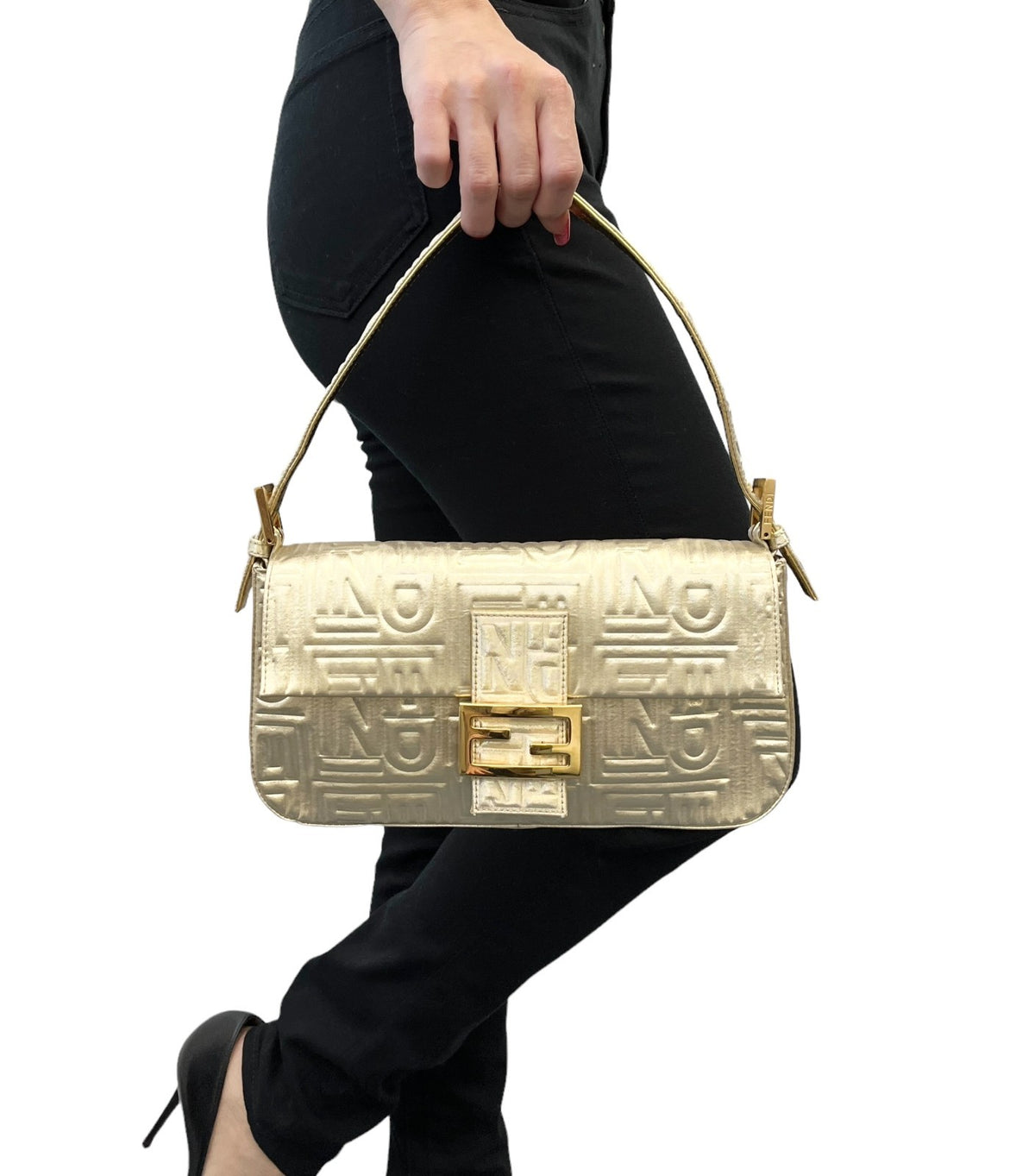 FENDI Vintage FF Logo Embossed Mamma Baguette Shoulder Bag Gold Nylon 902315
