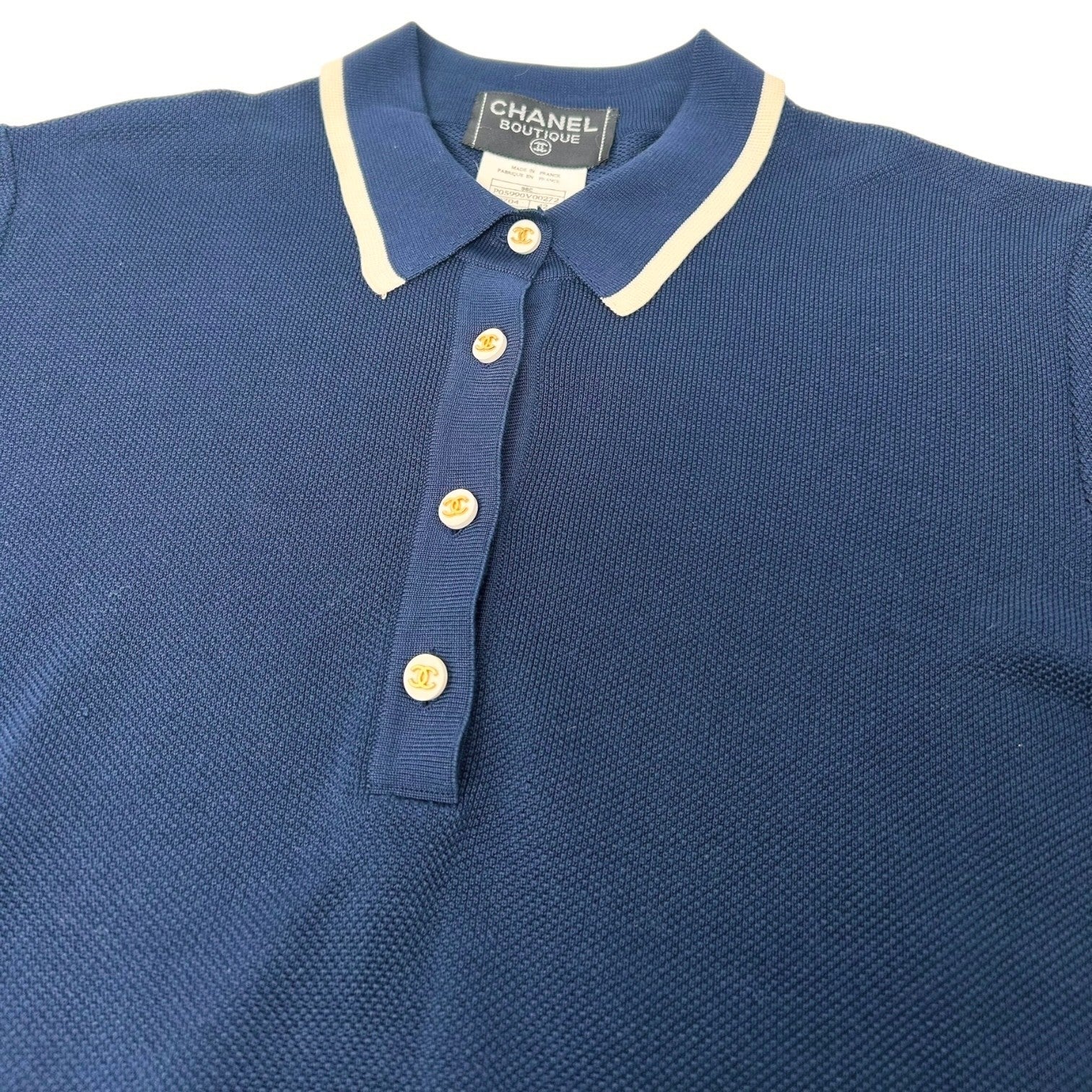 CHANEL Vintage 96C CC Logo Polo Dress One-Piece Button #42 Navy White Cotton