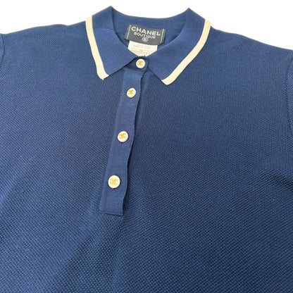 CHANEL Vintage 96C CC Logo Polo Dress One-Piece Button #42 Navy White Cotton