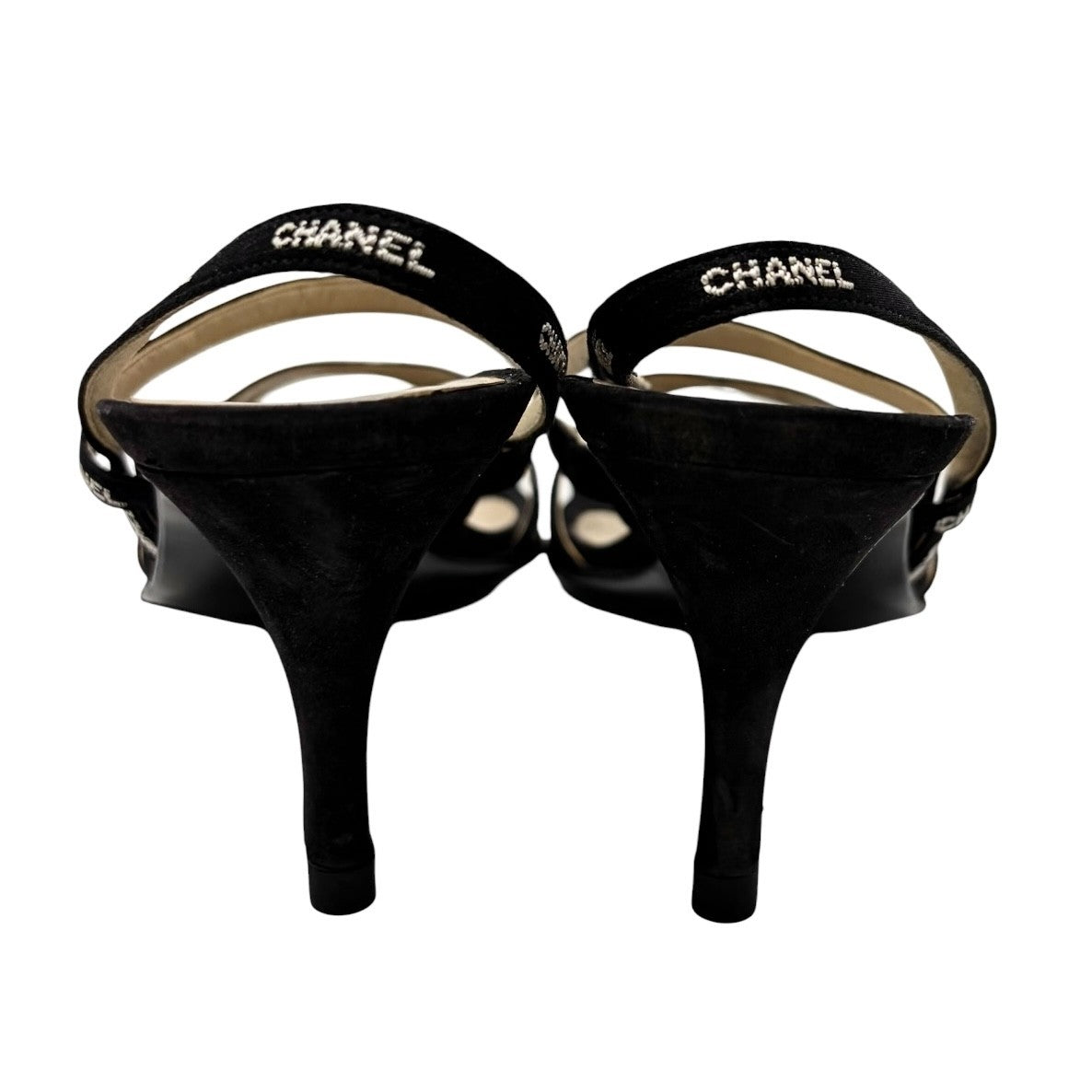 CHANEL Vintage 96C Logo Satin Ribbon Sandals Heels #36.5 Black White 902561