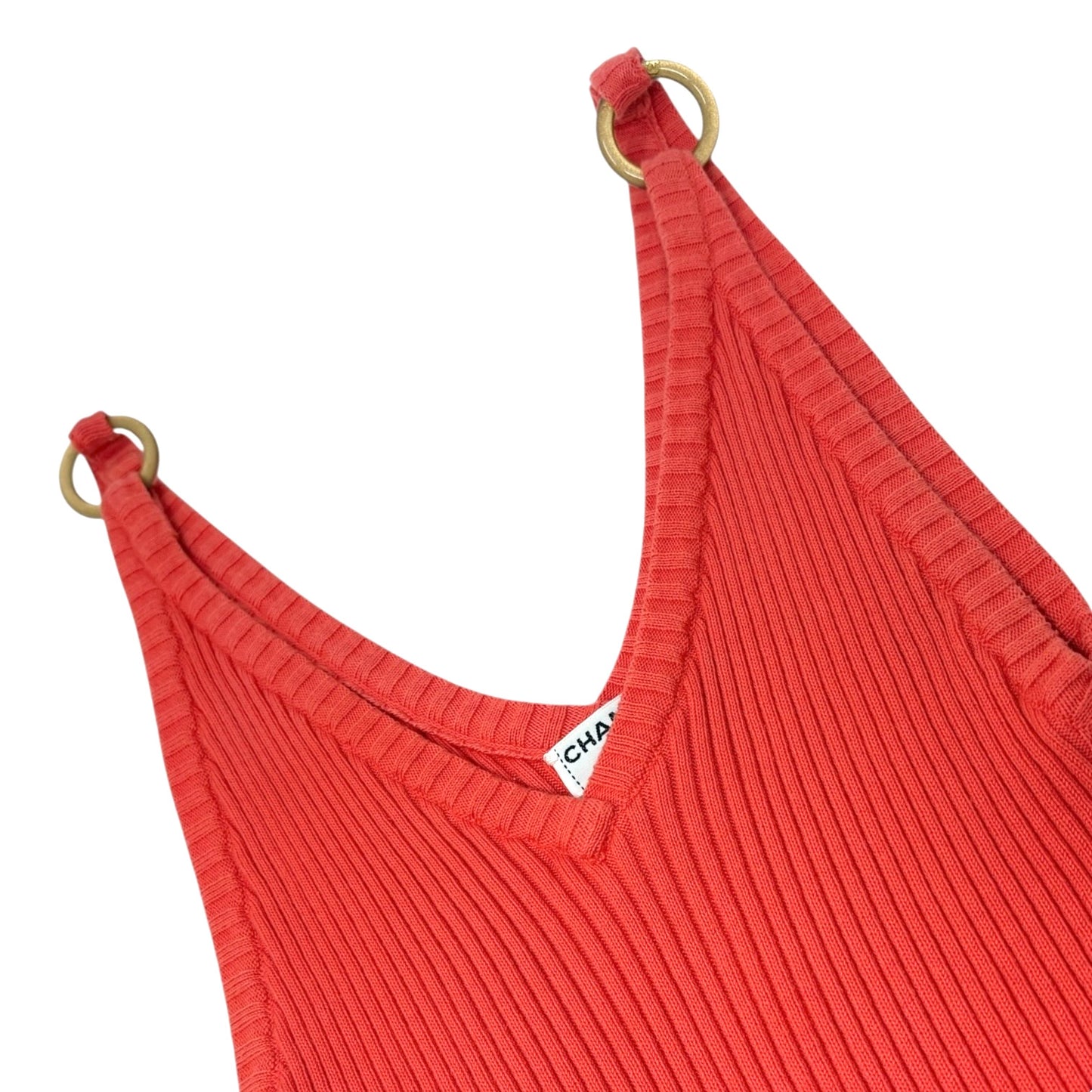 CHANEL Vintage 01C CC Gold Ring Knit Ribed Tank Camisole Top #40 Orange Cotton