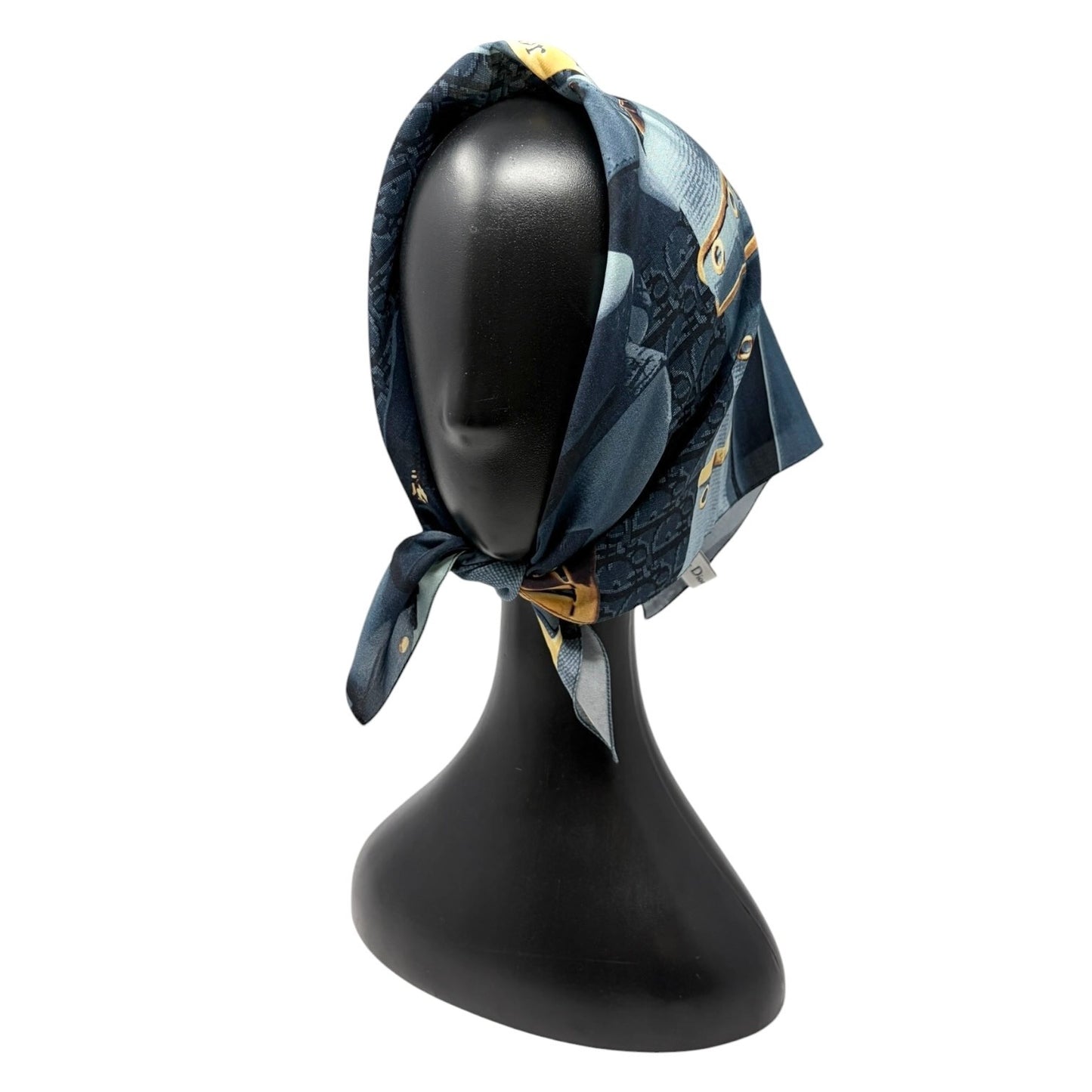 Christian Dior Vintage Trotter Monogram Logo Silk Wrap Scarf Blue Gold 902227