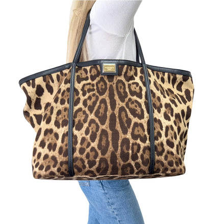 DOLCE&GABBANA Vintage Logo Leopard Large Tote Bag Brown Beige Canvas 902912