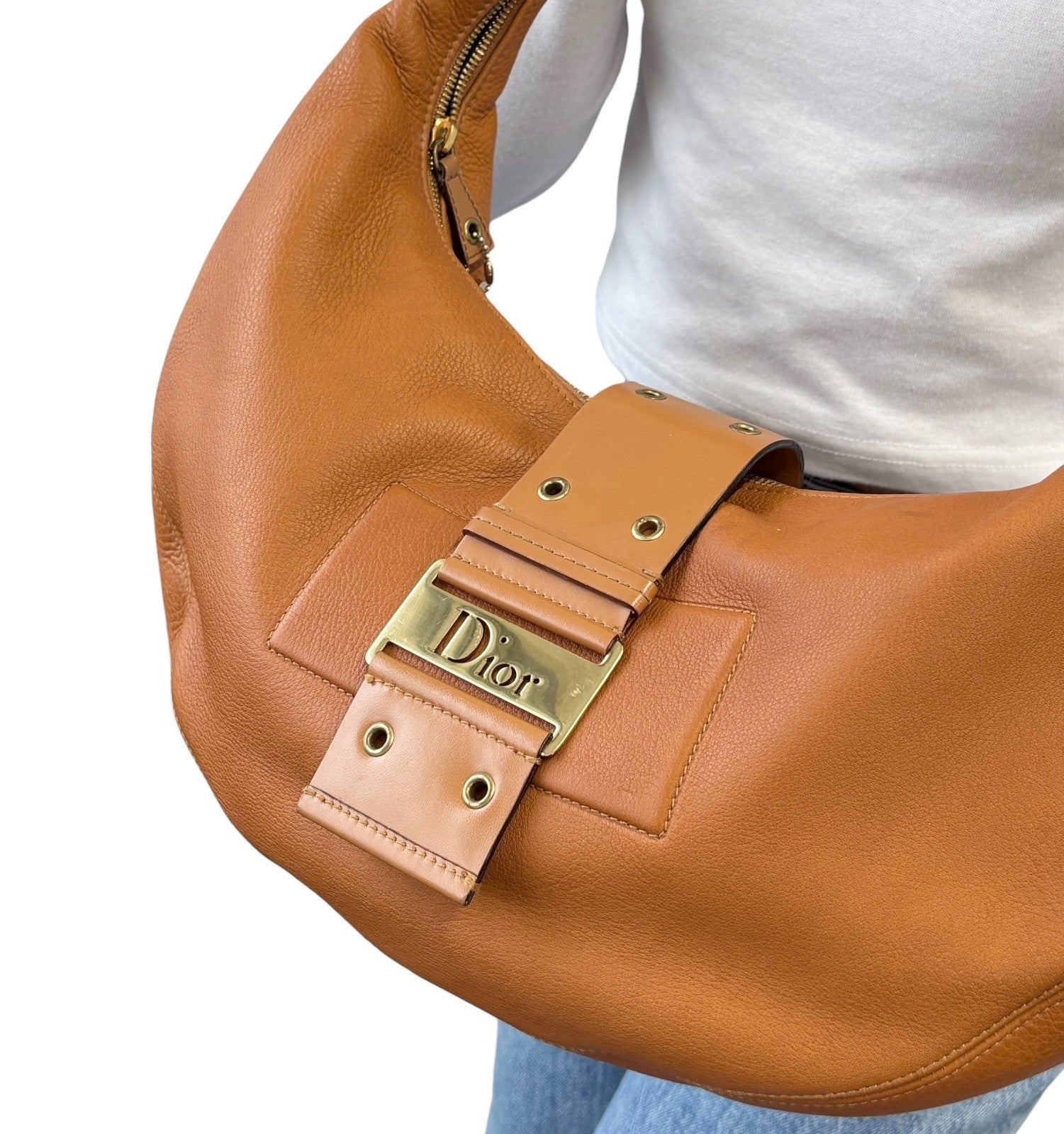 Christian Dior Vintage 2003 Street Chic Shoulder Hobo Bag Brown Gold Leather