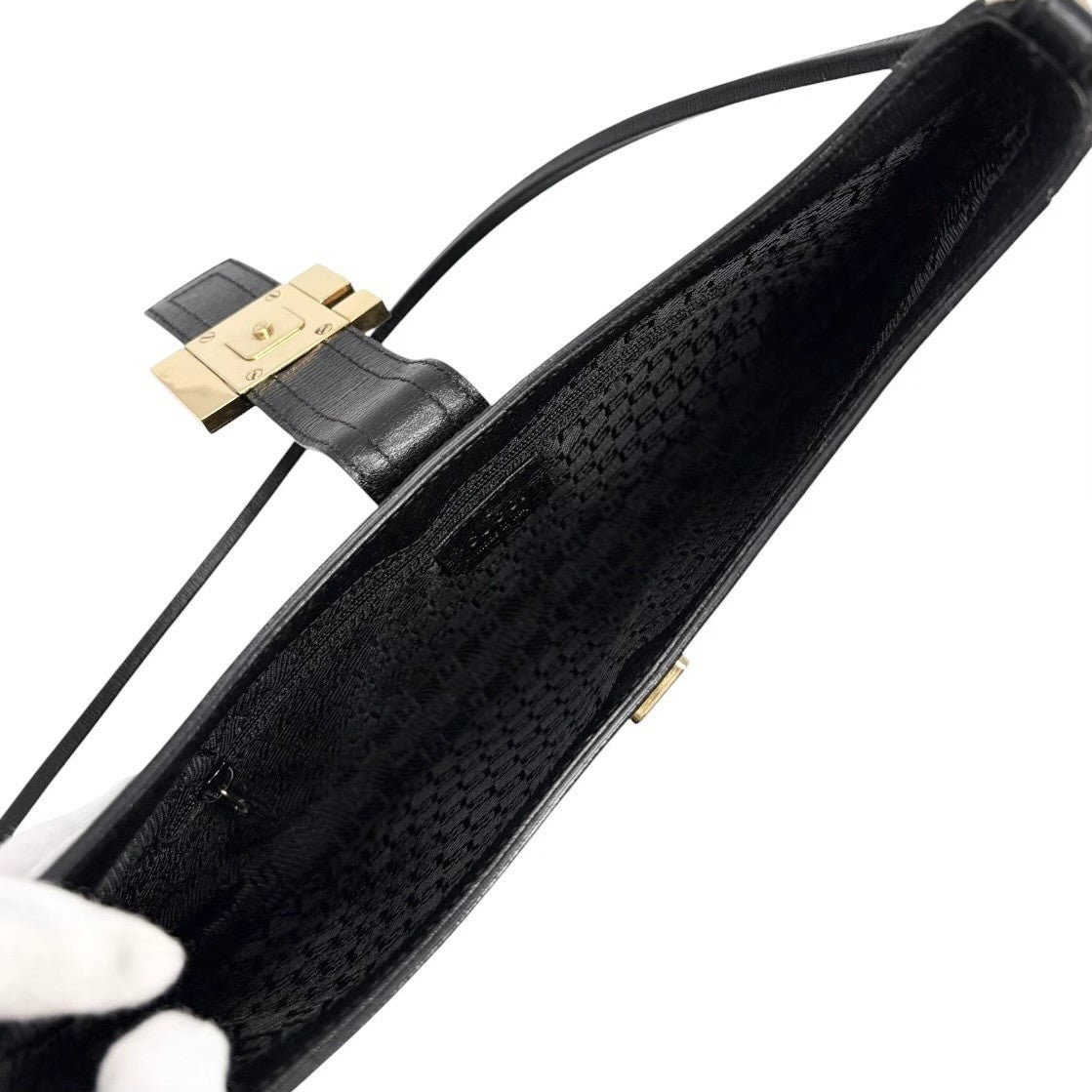 GUCCI Vintage G Square Logo Shoulder Bag Black Gold Leather Magnet 902249