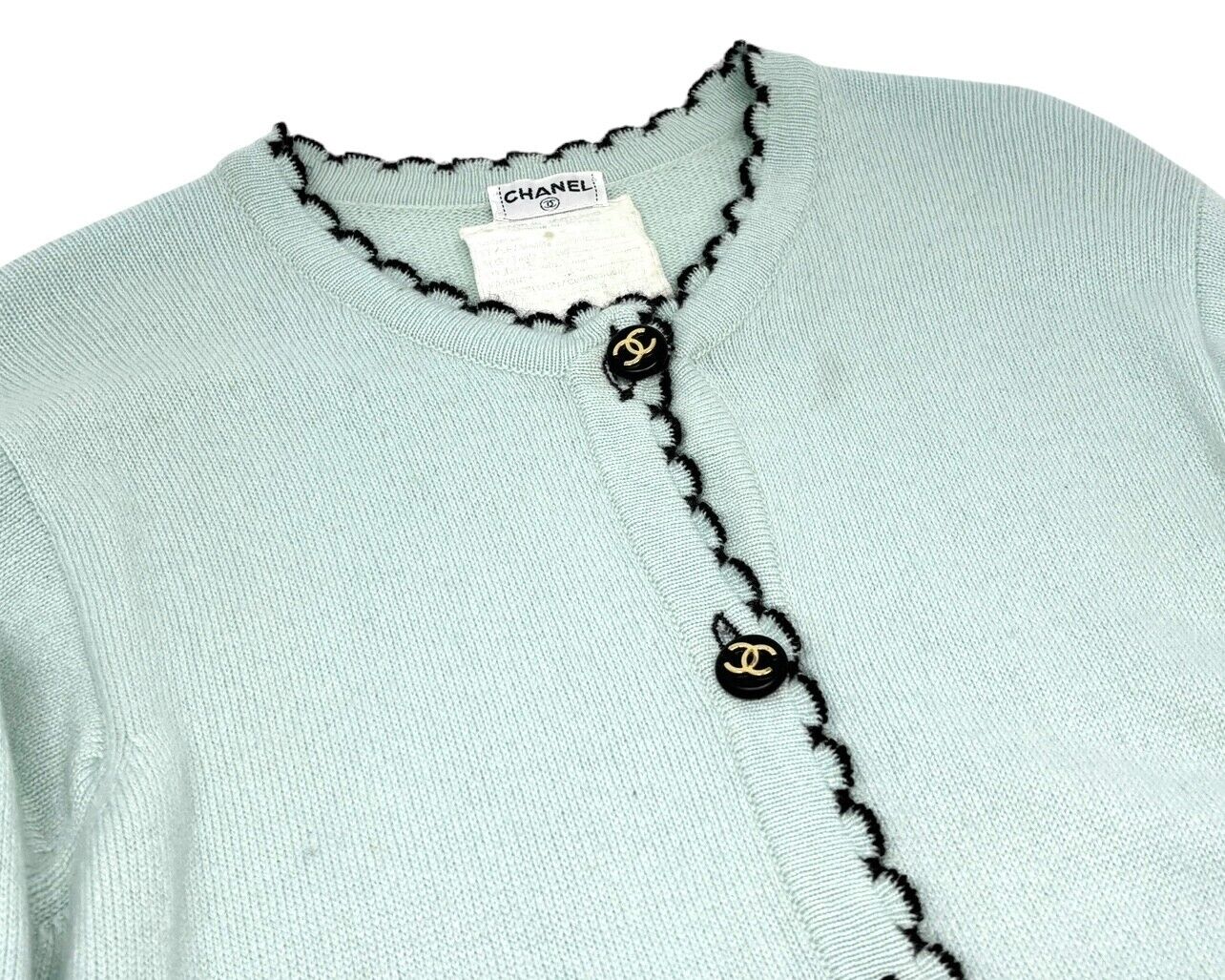 CHANEL Vintage 94C CC Logo Trimmed Cardigan Knit Top Light Green Cashmere