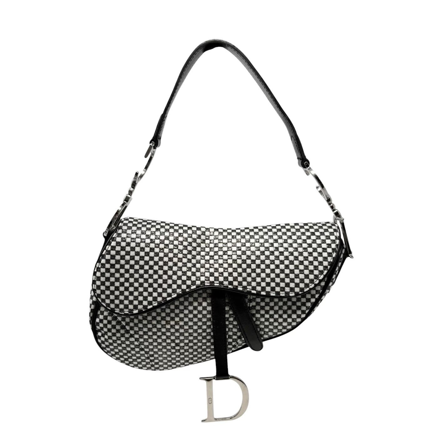 Christian Dior Vintage 2002 Checkered Glitter Saddle Bag Black Silver Cotton