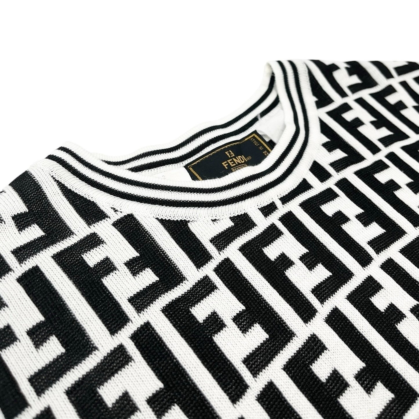FENDI Vintage Zucca Knit Top T-shirt #40 White Black Monogram Short Sleeve