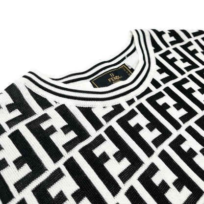 FENDI Vintage Zucca Knit Top T-shirt #40 White Black Monogram Short Sleeve