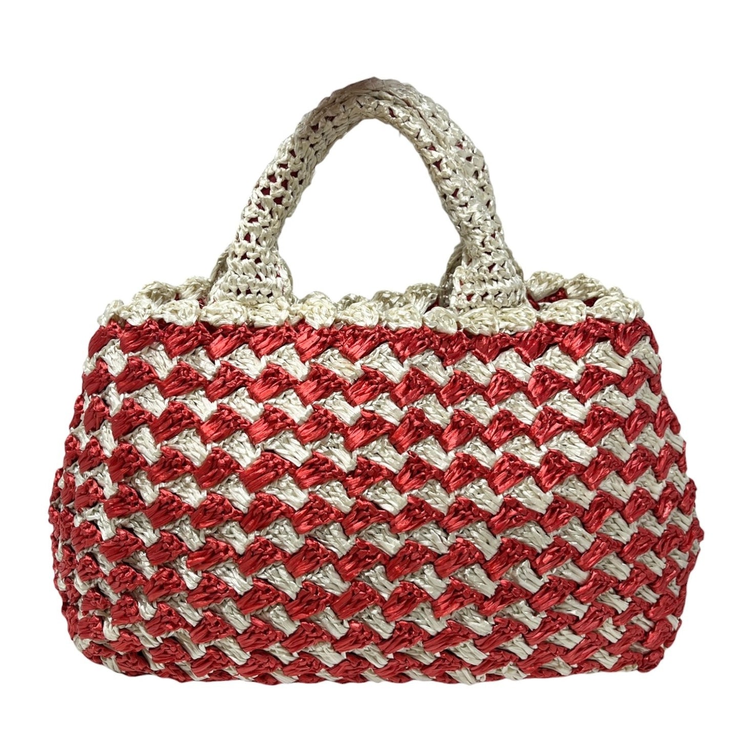 PRADA Vintage Triangle Logo Raffia Canapa Tote Bag Red White Crochet 902048