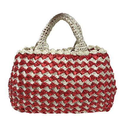 PRADA Vintage Triangle Logo Raffia Canapa Tote Bag Red White Crochet 902048