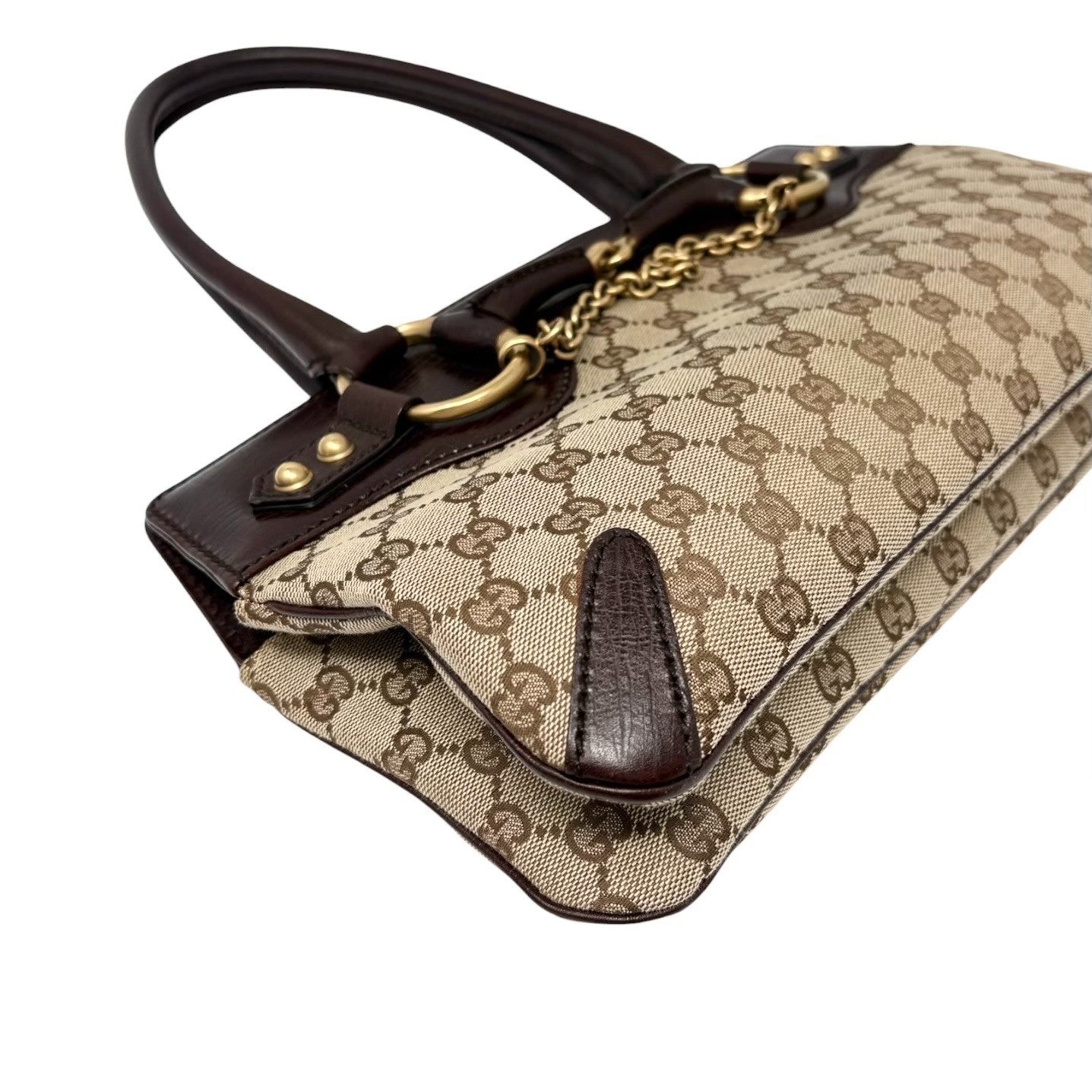 GUCCI Vintage GG Monogram Horsebit Chain Tote Bag Beige Brown Canvas 901926