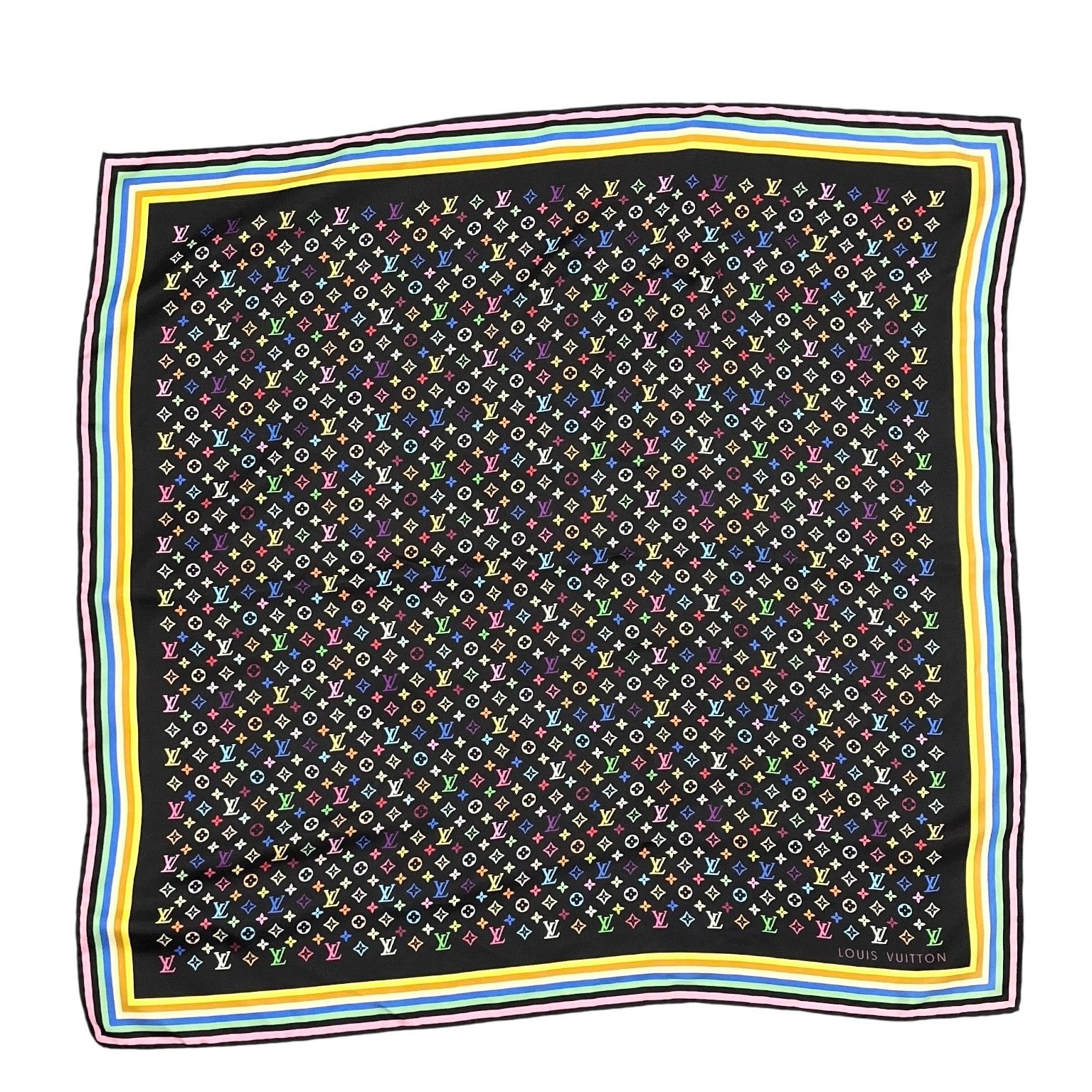 LOUIS VUITTON Vintage Monogram LV Logo Scarf Wrap Black Silk Multicolor