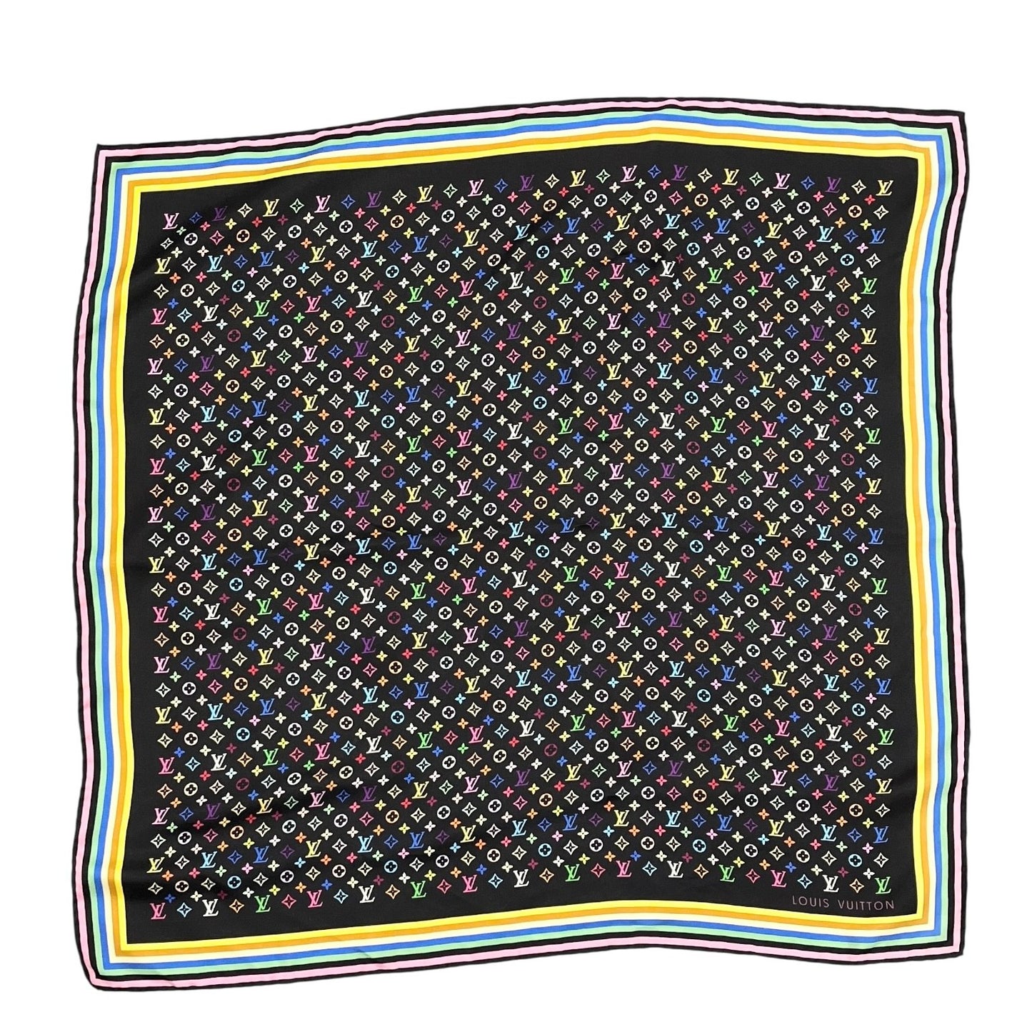 LOUIS VUITTON Vintage Monogram LV Logo Scarf Wrap Black Silk Multicolor