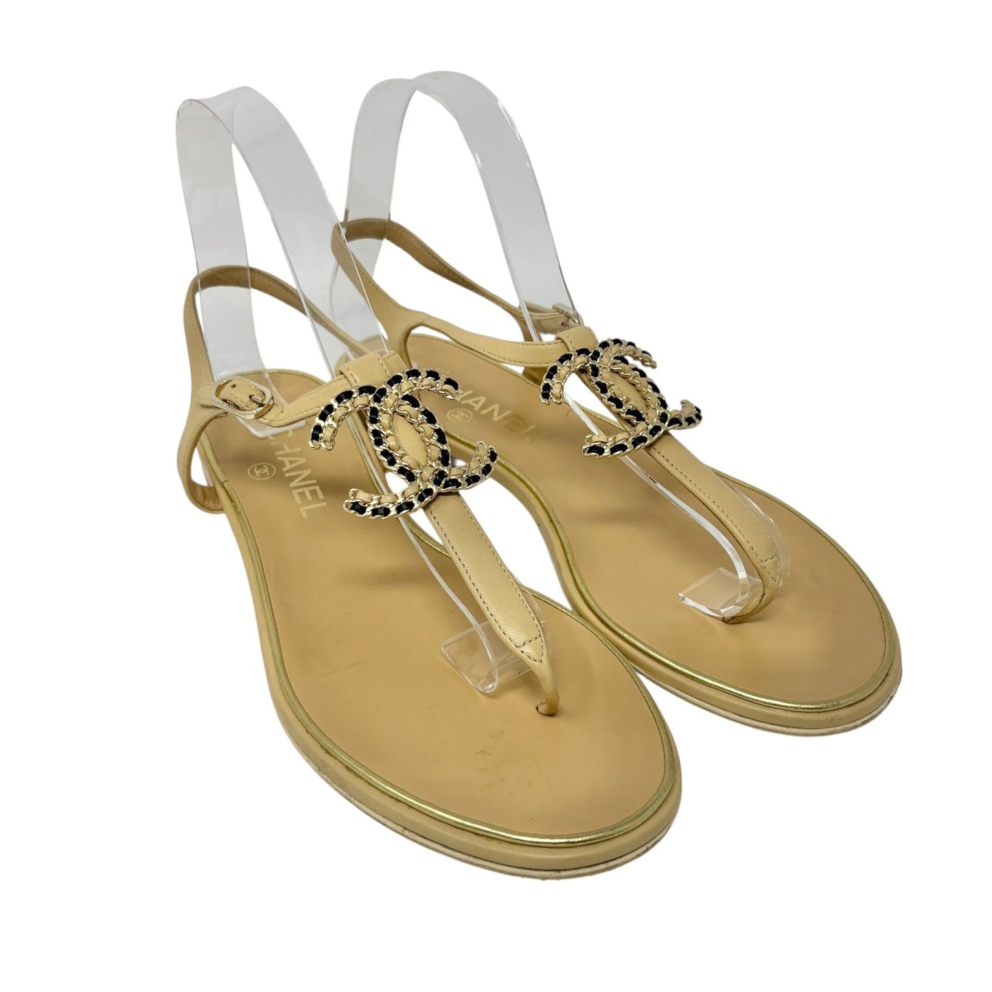 CHANEL Vintage CC Logo Thong Sandals Heels #39 Cream Gold Black Leather