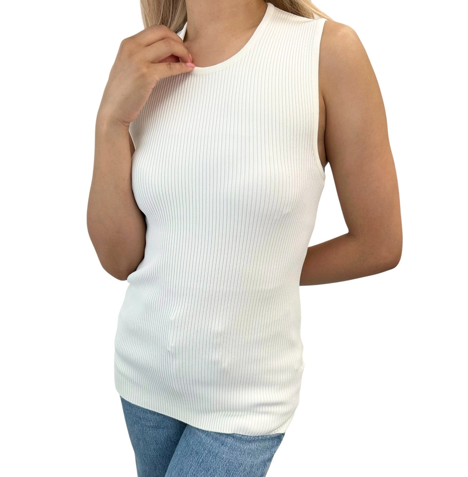 HERMES Vintage Logo Clou de Selle Button Rib Knit Tank Top #L White Gold Viscose