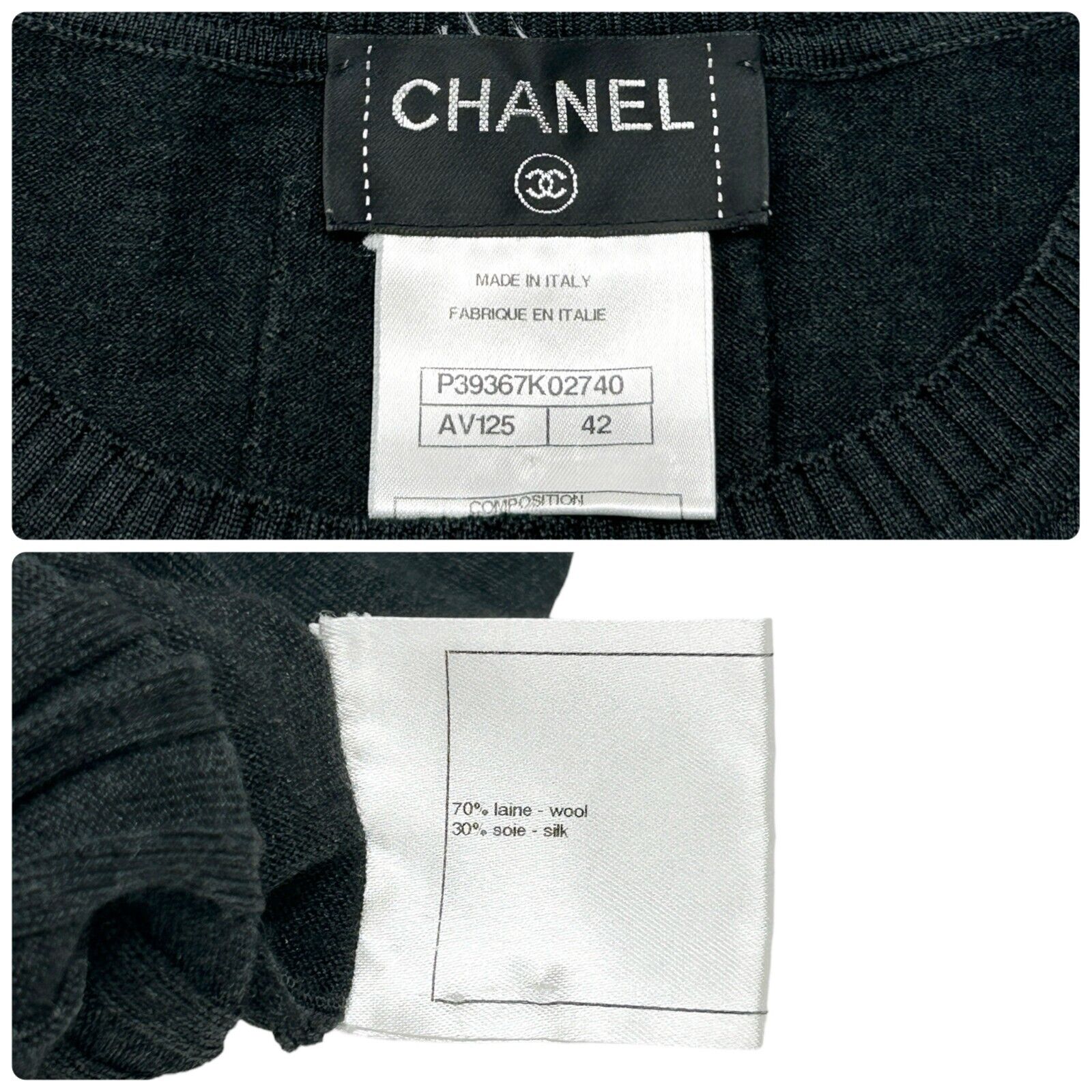 CHANEL Vintage P39367 CC Mark Back Logo Knit Dress #42 Dark Gray Wool RankAB