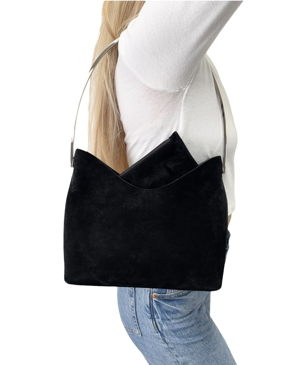 Gucci Vintage Logo Pouch Set Hobo Shoulder Bag Black Silver Suede 902828