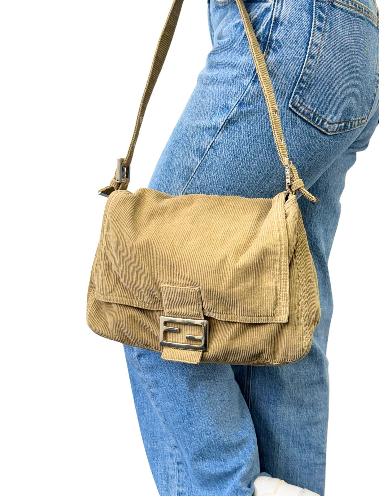 FENDI Vintage FF Logo Corduroy Mamma Baguette Shoulder Bag Light Brown 902415