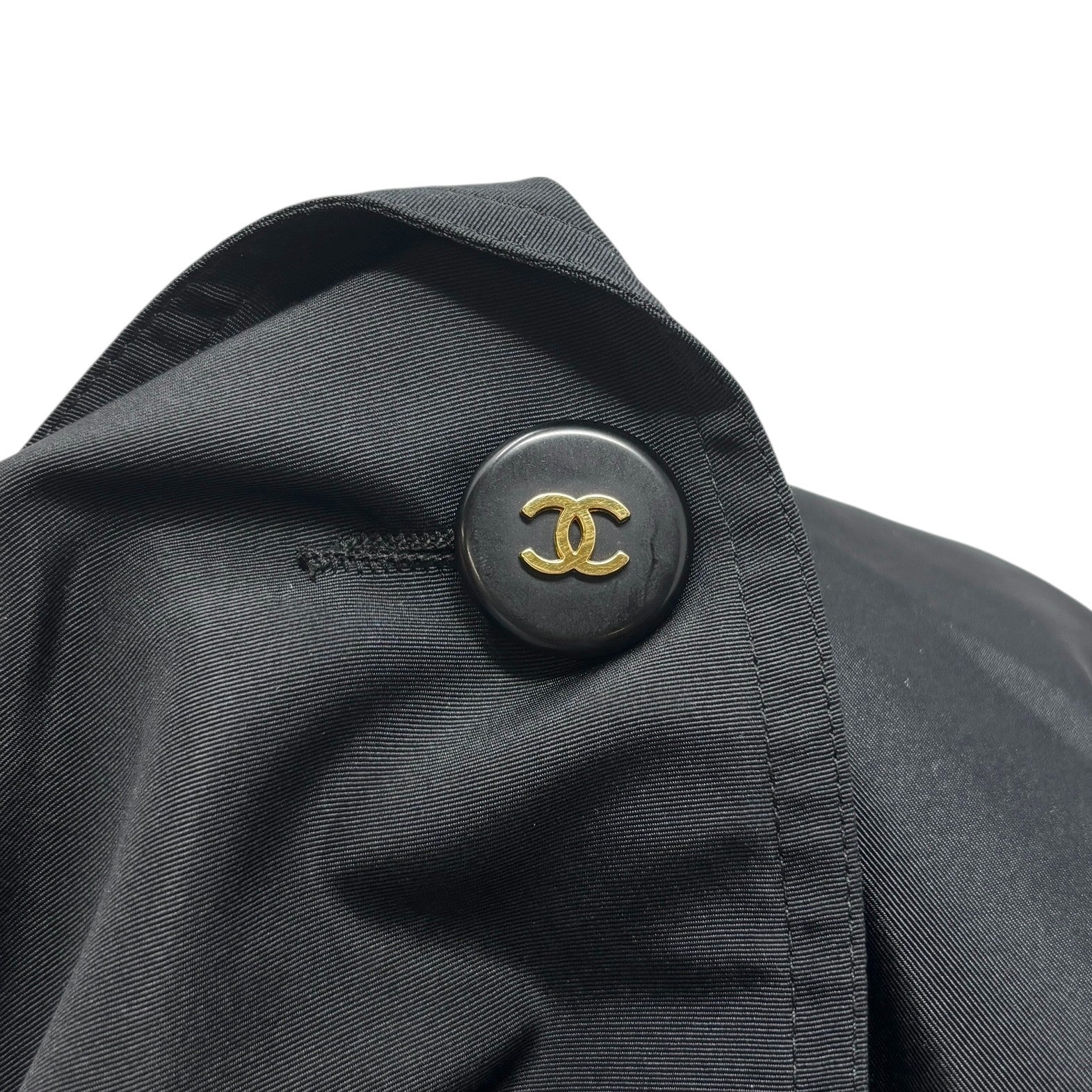 CHANEL Vintage CC Mark Logo Trench Coat Button Pocket Black Gold Silk