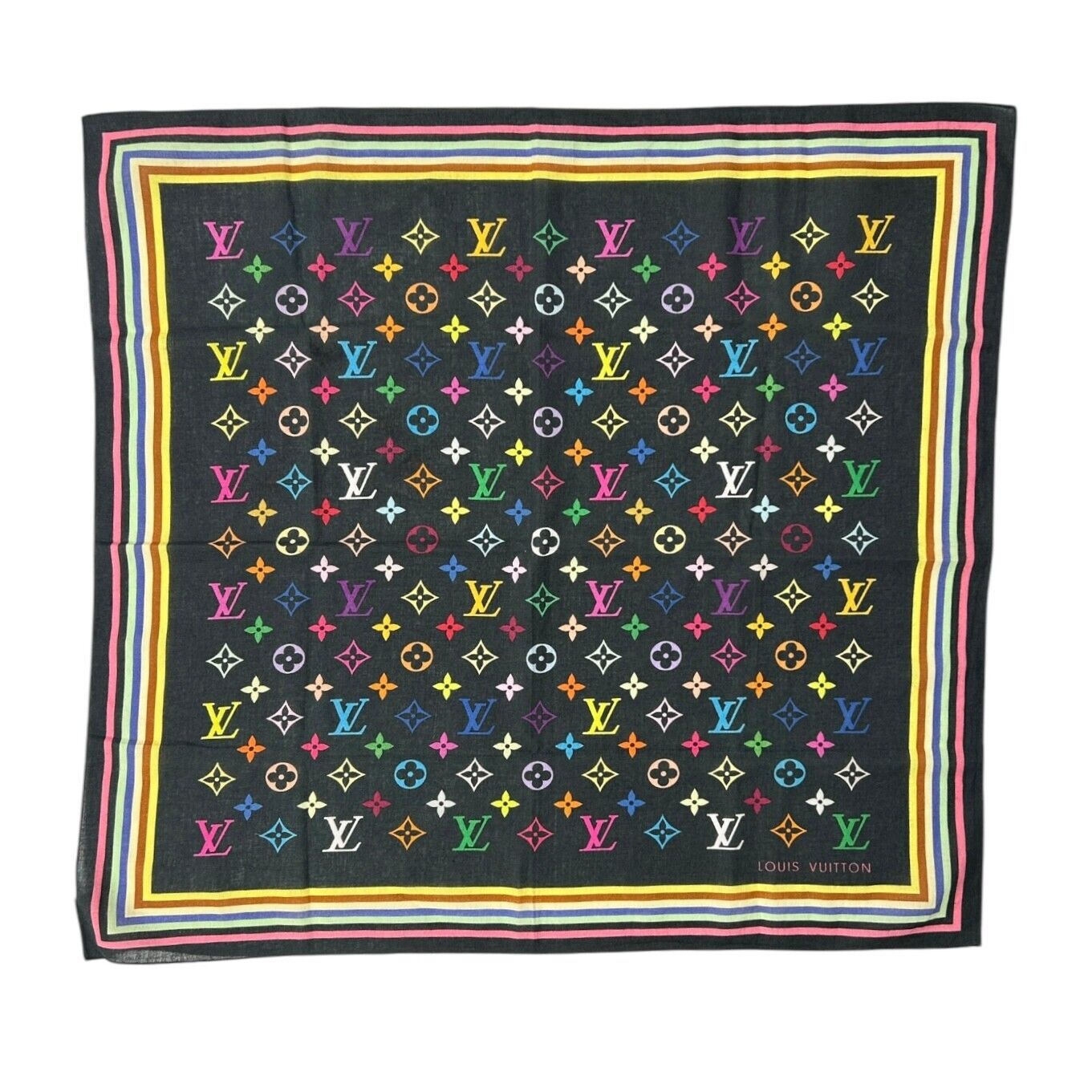 LOUIS VUITTON Vintage LV Logo Monogram Multicolor Scarf Wrap Shawl Black