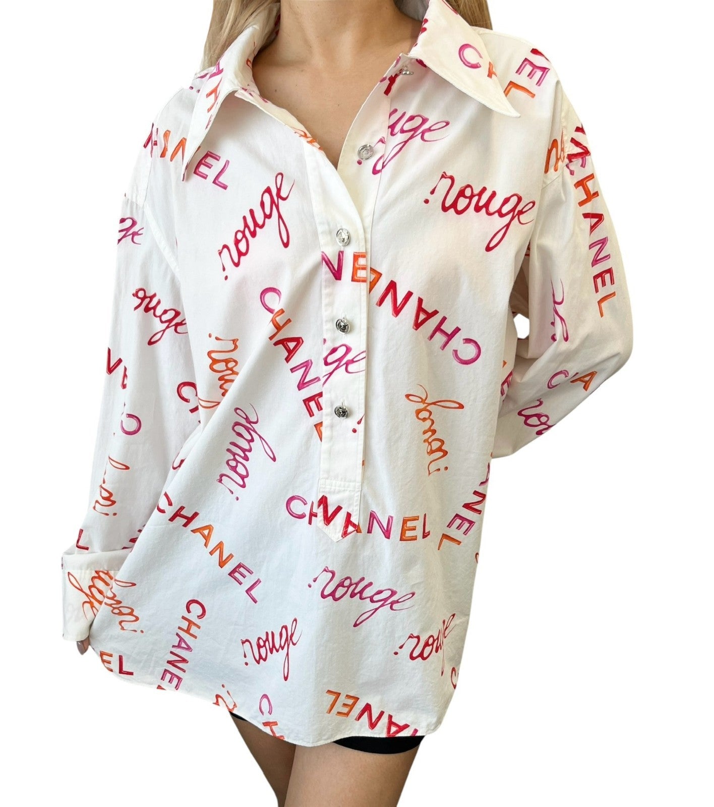 CHANEL Vintage 96P Logo Button Up Shirt Rouge Long Sleeve White Pink Cotton
