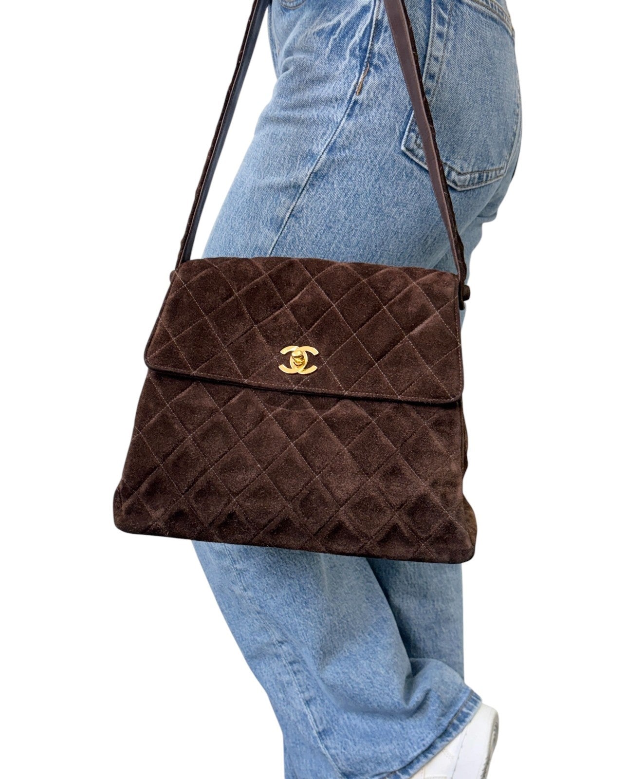 CHANEL Vintage CC Logo Turnlock Quilted Shoulder Bag Brown Gold Suede 901892