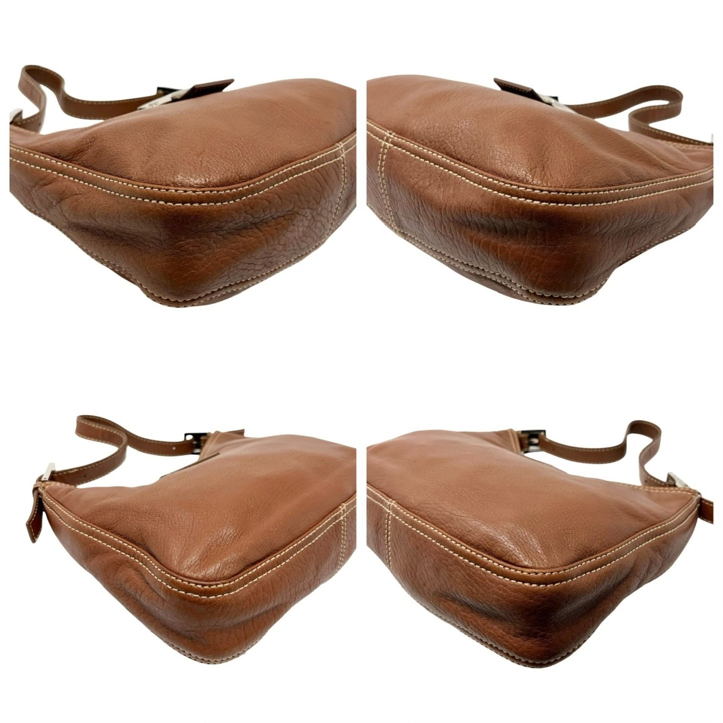 FENDI Vintage FF Logo Mamma Baguette Shoulder Bag Brown Silver Leather 902448