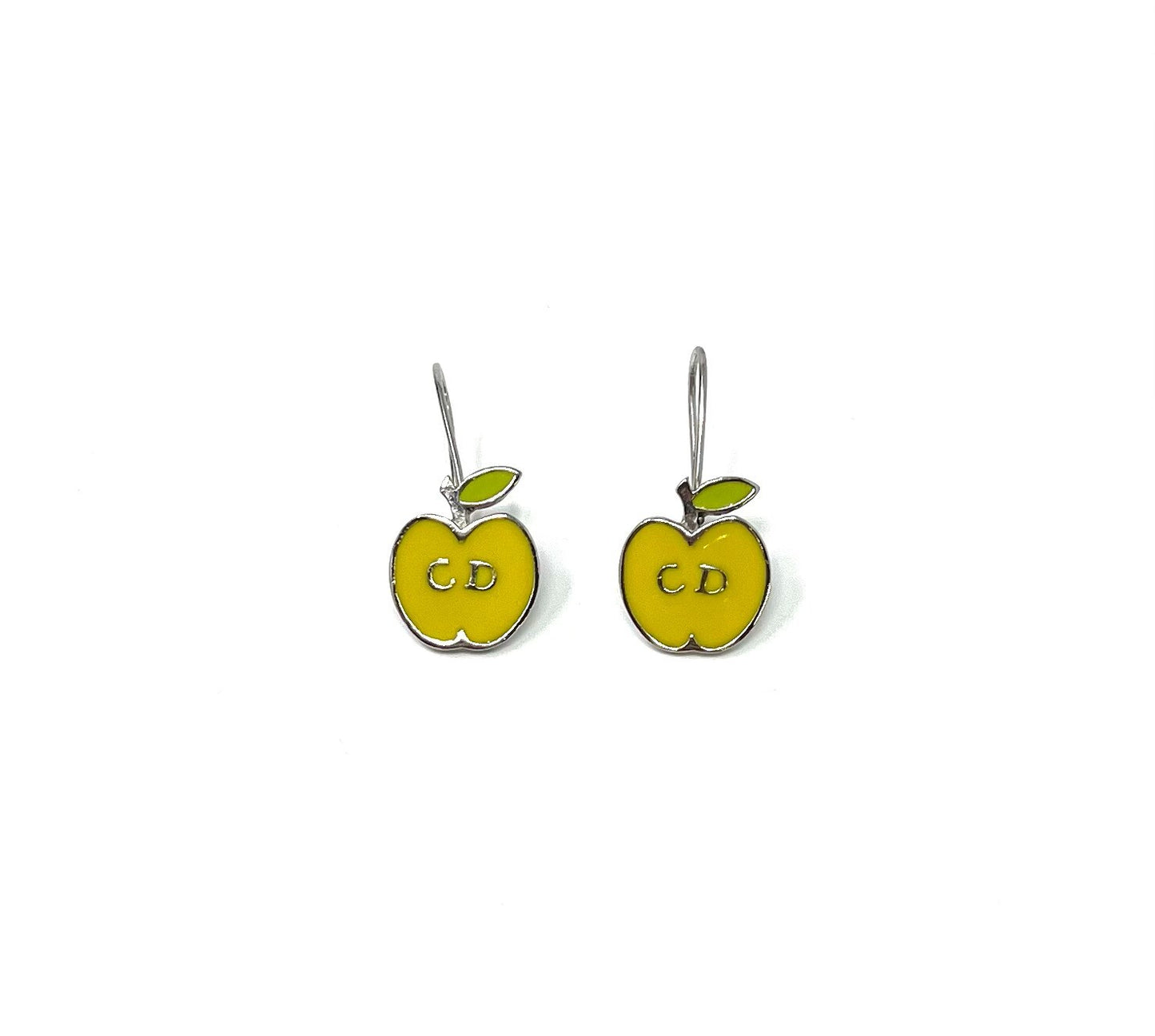 Dior Vintage CD Logo Earrings Accessory Apple Design Yellow Silver Green RankA