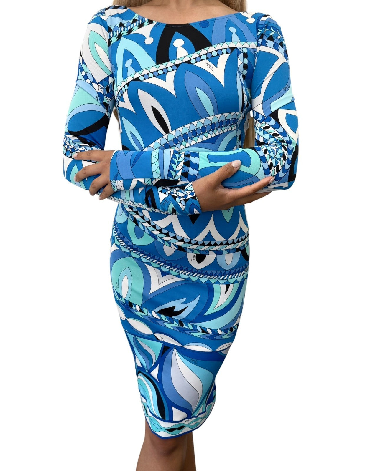 EMILIO PUCCI Vintage Abstract Print Midi Dress #34 Blue Long Sleeve 902420