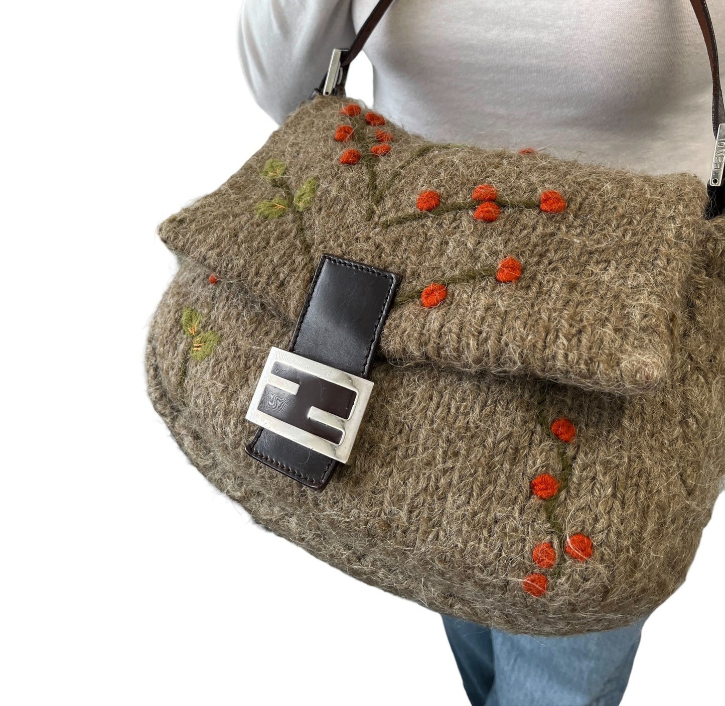 FENDI Vintage FF Knit Mamma Baguette Flower Wool Shoulder Bag Beige Brown