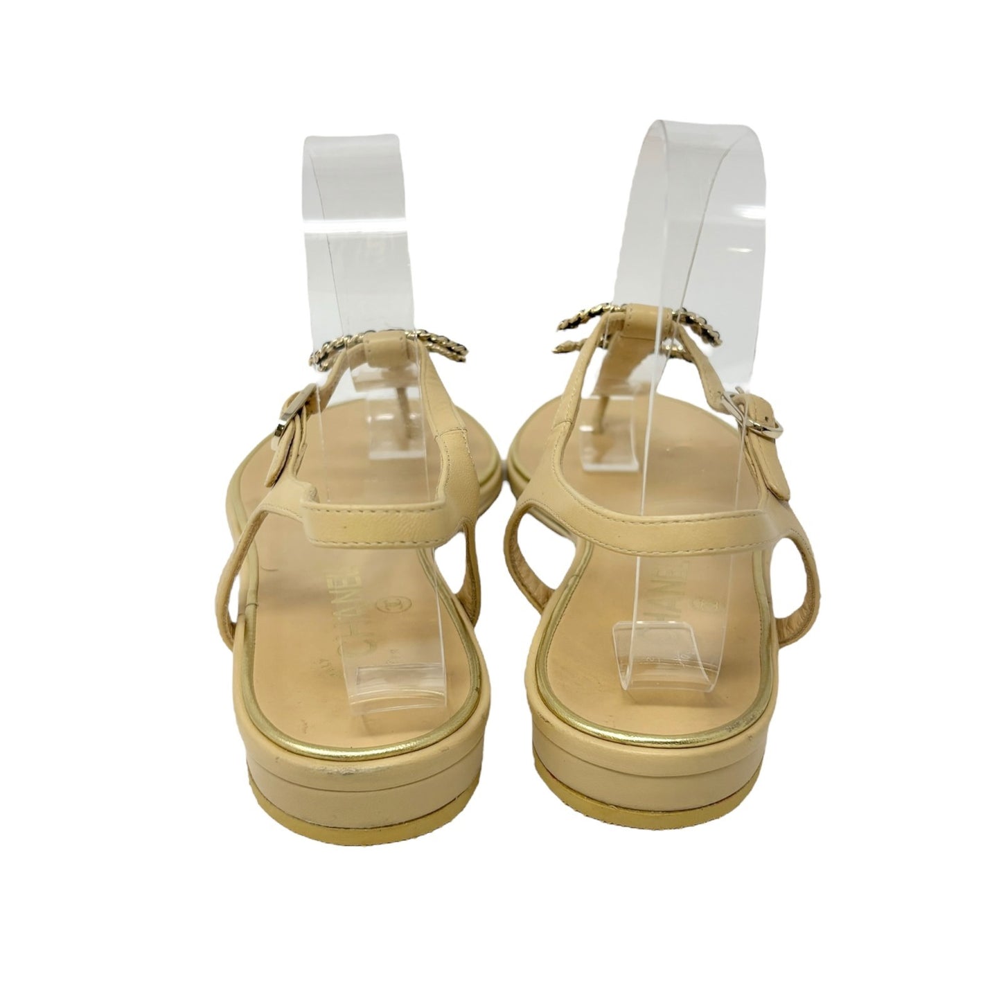 CHANEL Vintage CC Logo Thong Sandals Heels #39 Cream Gold Black Leather