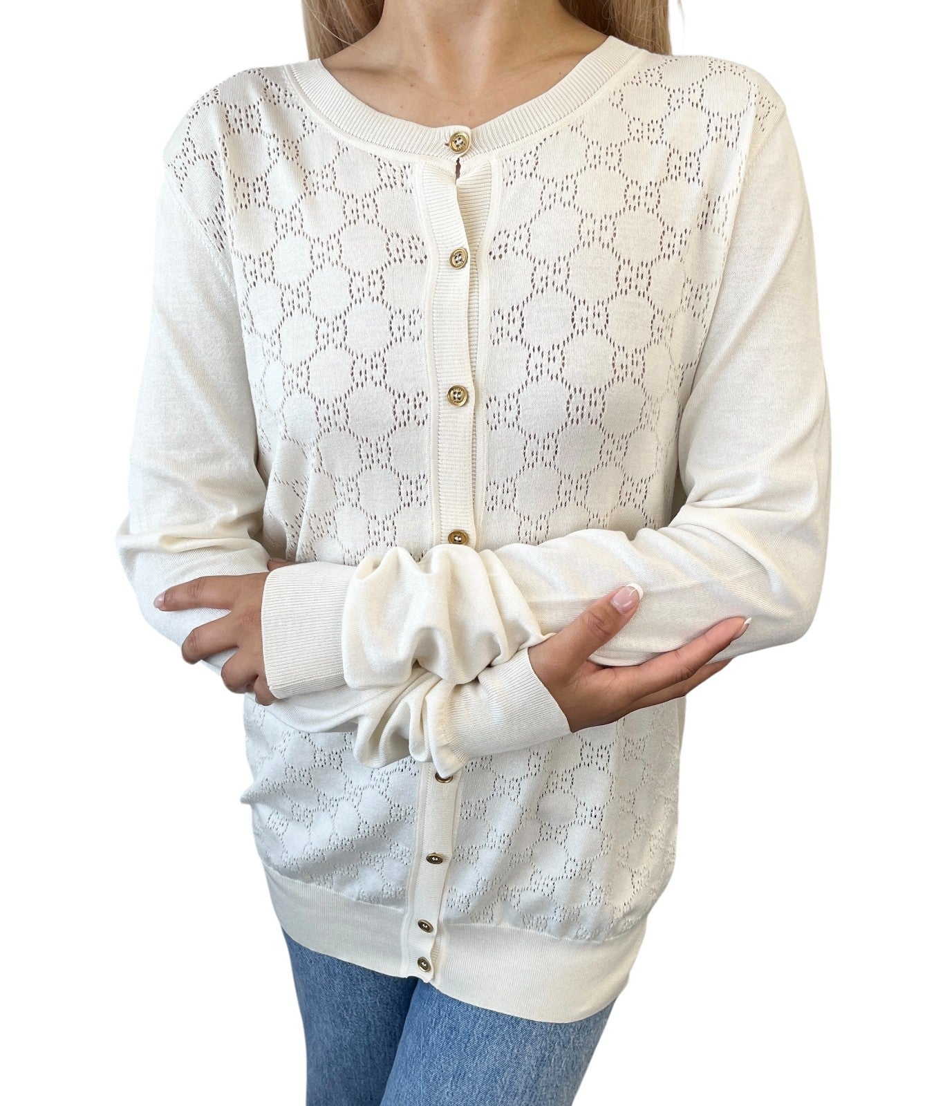 GUCCI Vintage Cardigan Sweater Top #L Punching Cream Gold Silk Cotton Nylon