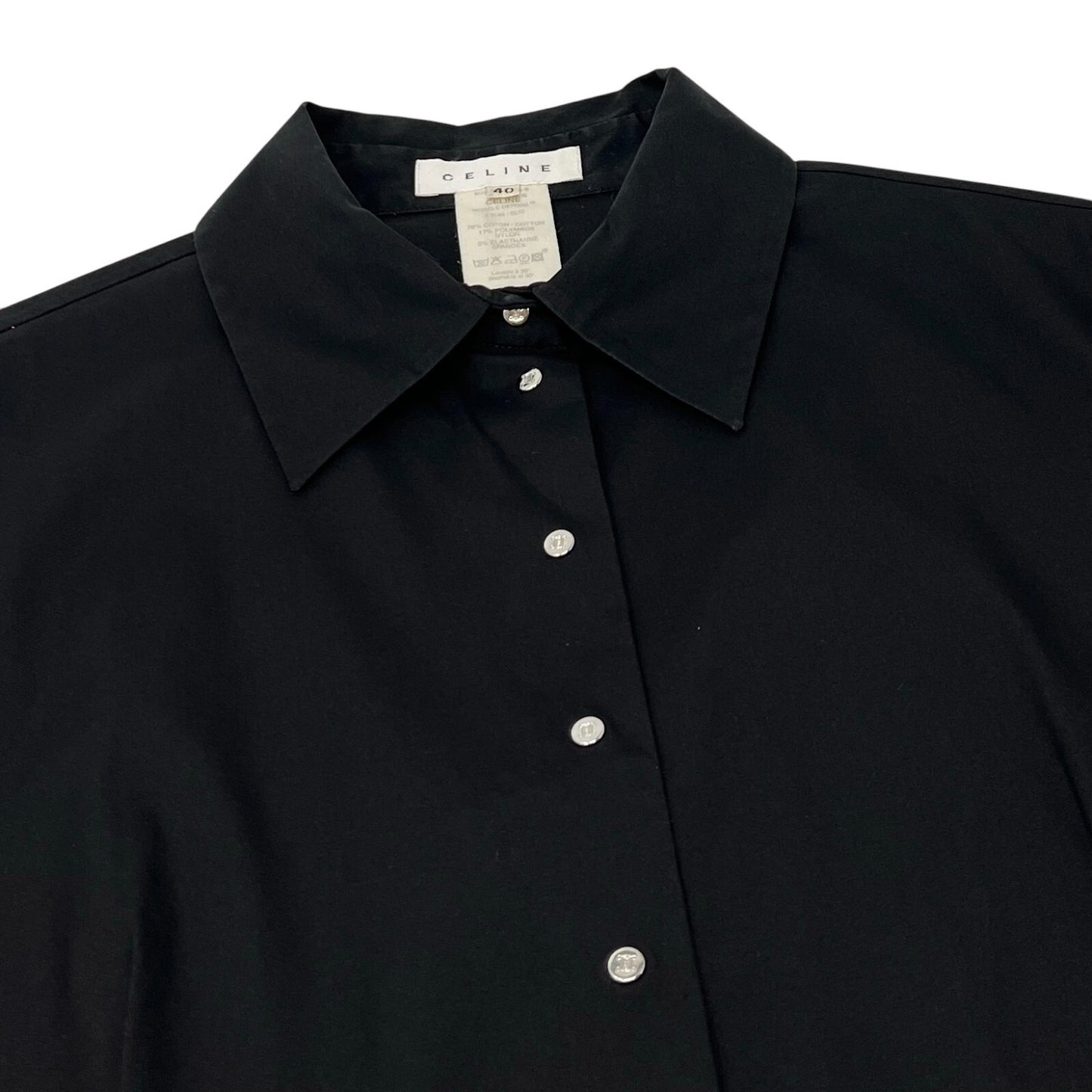 CELINE Vintage Logo Button Up Shirt #40 Blouse Top Black Silver Cotton