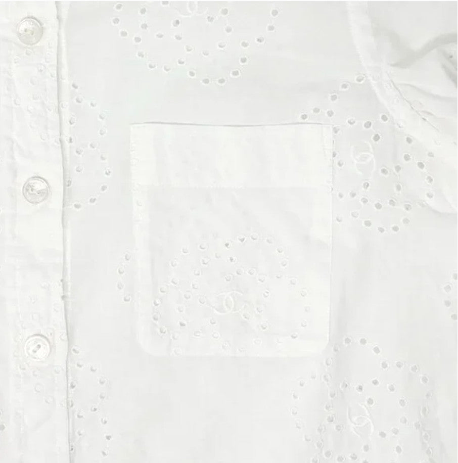 CHANEL Vintage 08P CC Logo Mark Camellia Blouse Shirt #36 Top White Cotton