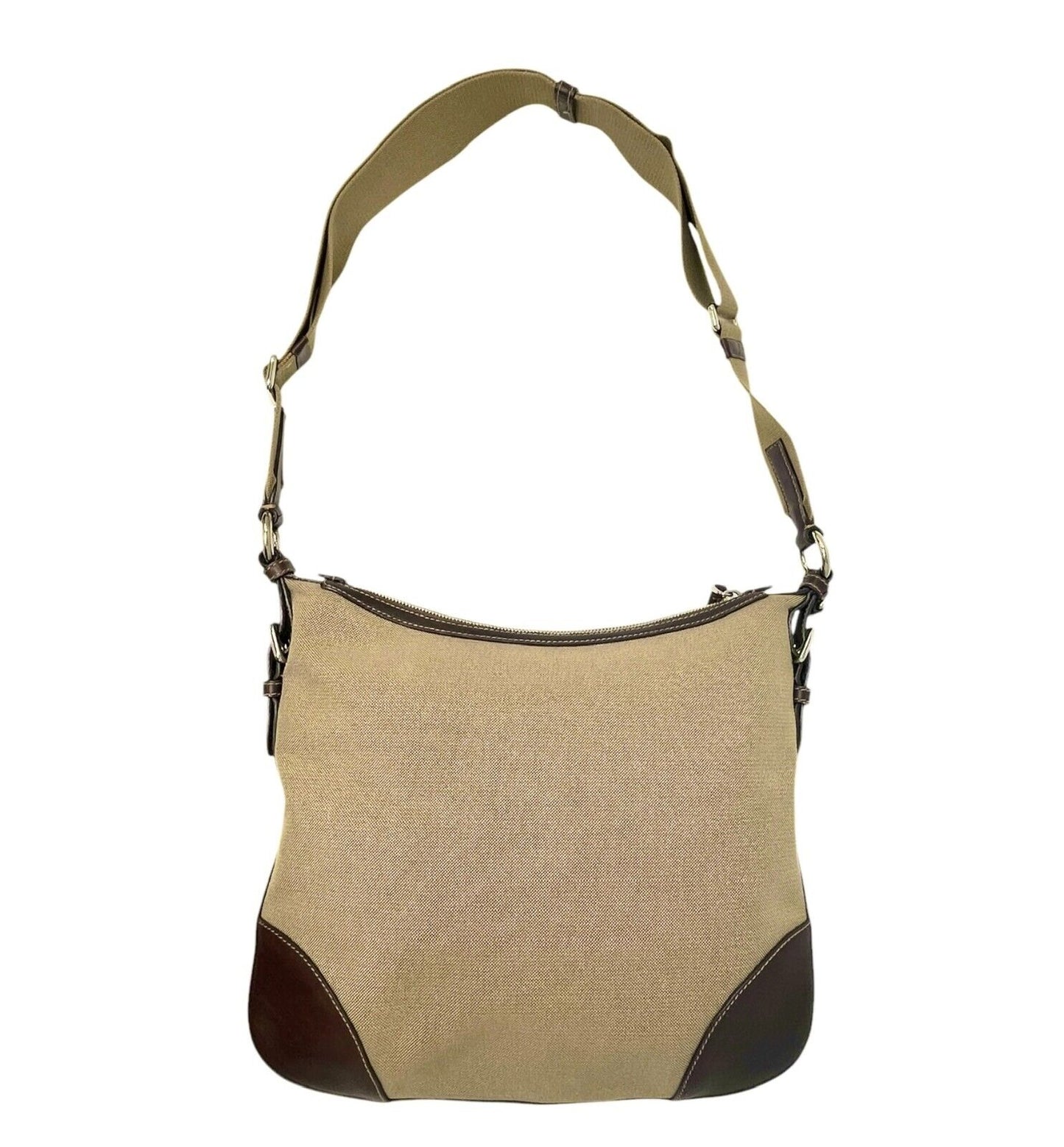 PRADA Vintage Logo Crossbody Shoulder Bag Zip Beige Brown Silver Canvas Leather