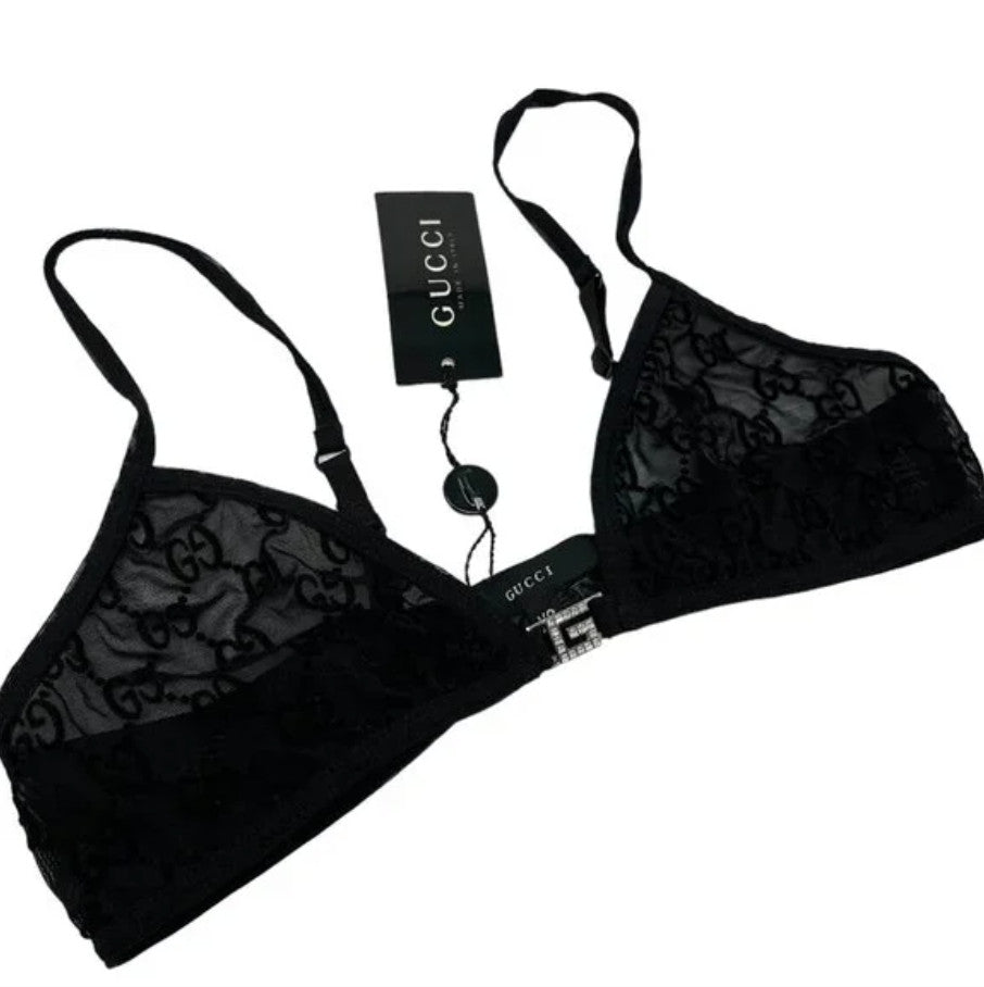 GUCCI Vintage GG Monogram Logo Bra Shorts Set #XS Underwear Black Nylon