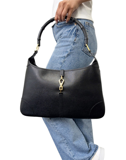 GUCCI Vintage Bamboo Jackie Hobo Shoulder Bag Black Gold Leather 902385
