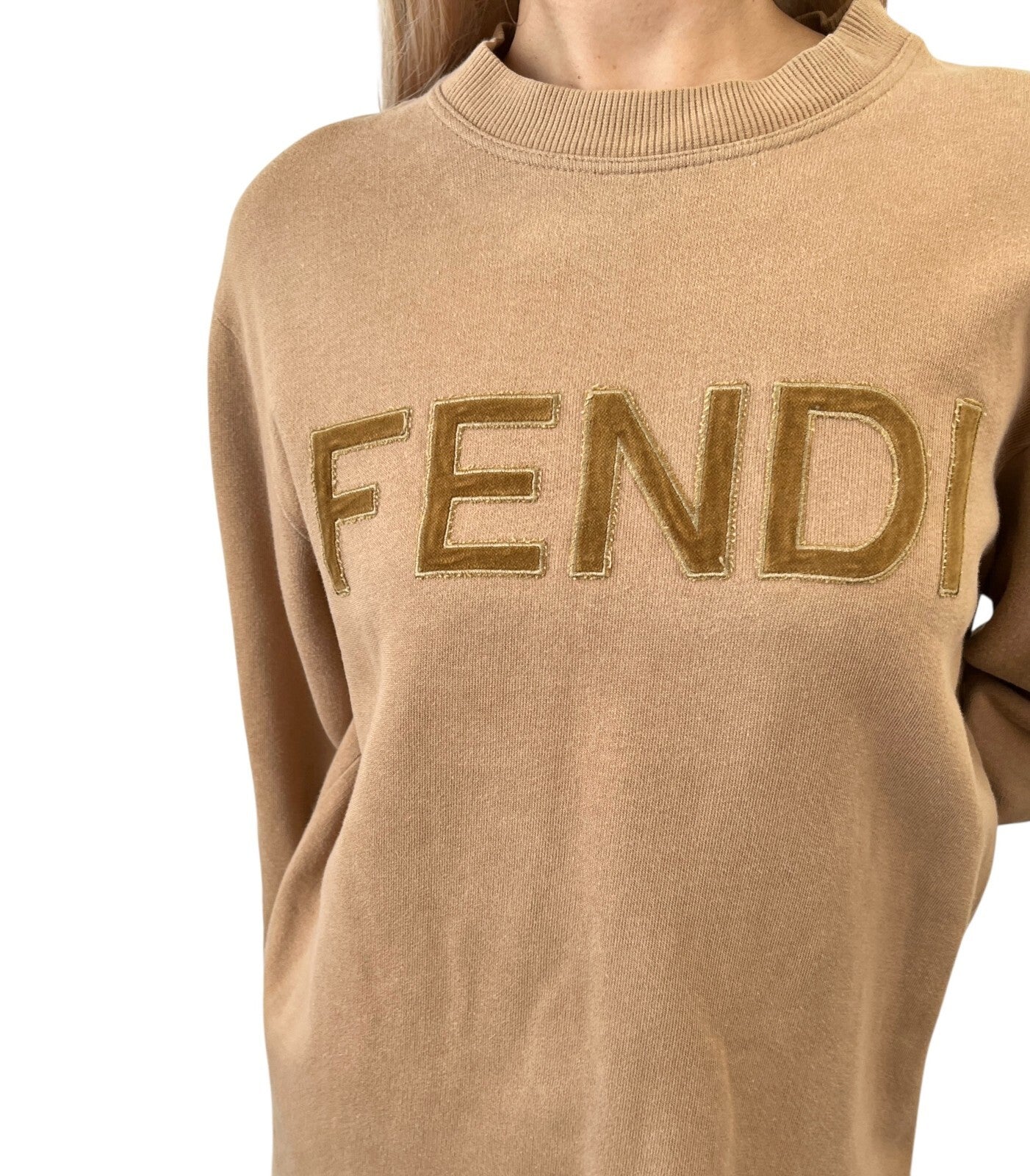 FENDI Vintage Big Logo Sweatshirt Top #38 Brown Cotton Velvet Long Sleeve