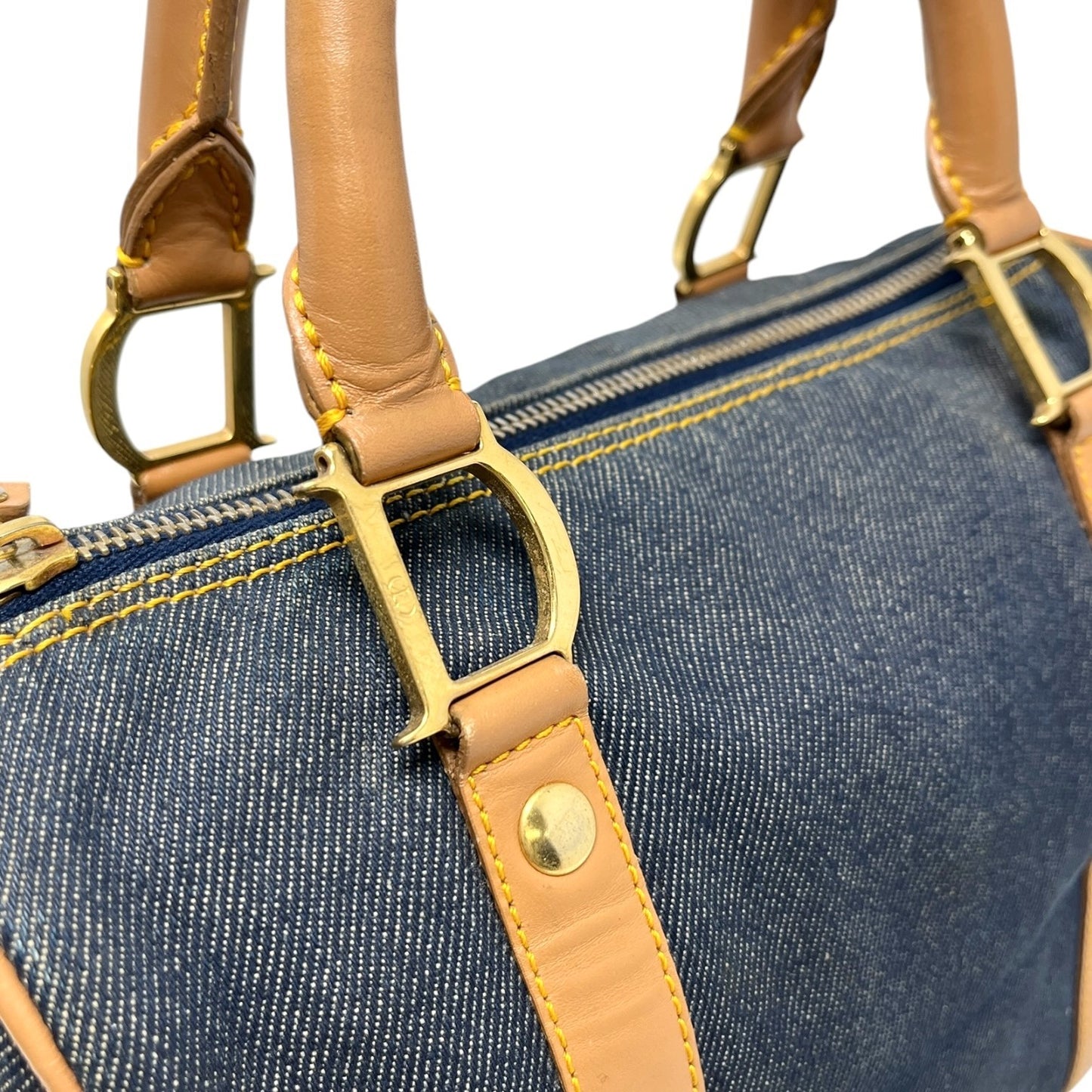 Christian Dior Vintage 2002 D Charm Denim Mini Boston Bag Blue Beige Gold 902586